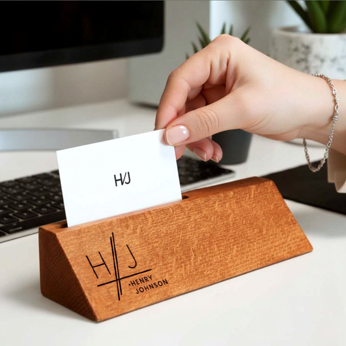 Personalized wooden desk name plate with card holder slot.