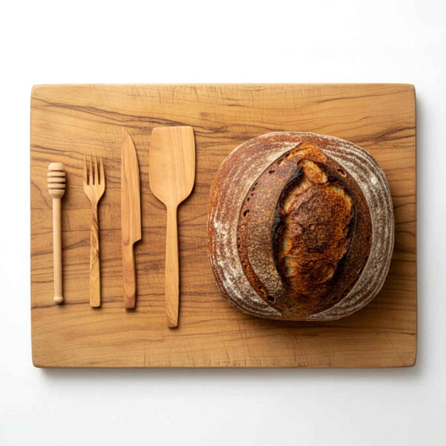 Olive wood kitchen utensil set spatula knife fork honey dipper.