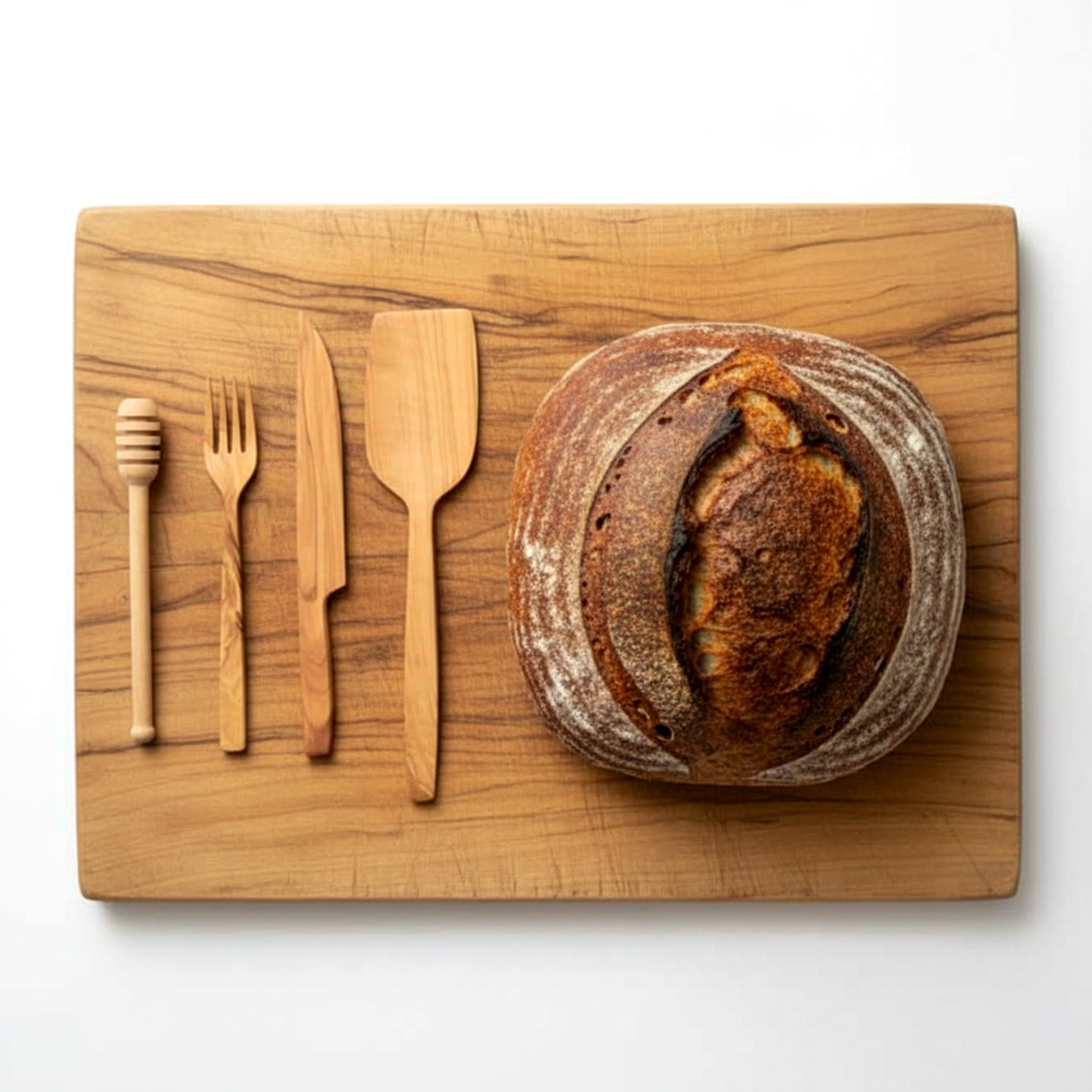 Olive wood kitchen utensil set spatula knife fork honey dipper.