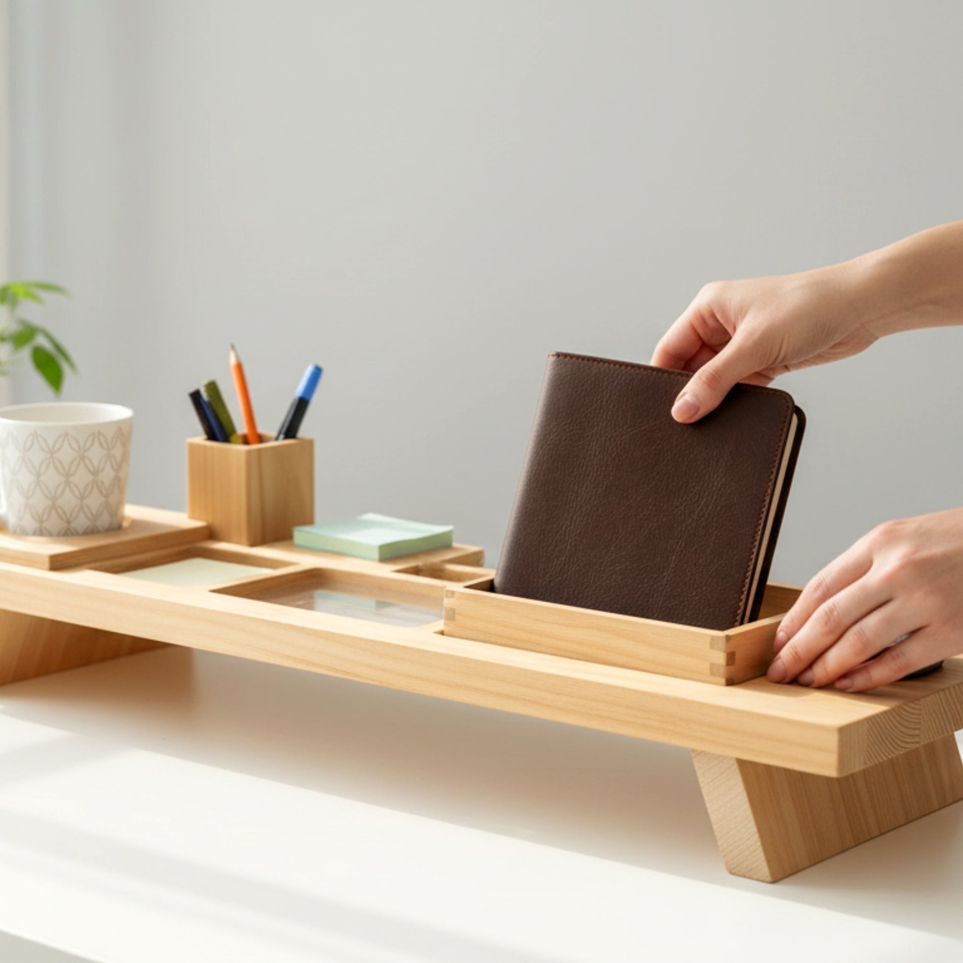 Solid pine wood monitor stand desk organizer with phone holder.
