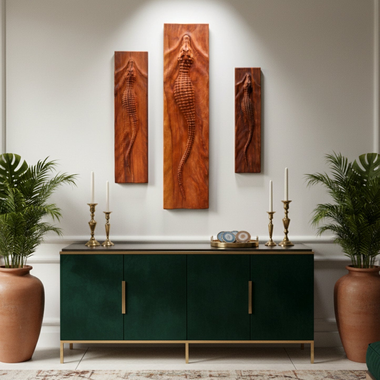 Hand carved walnut crocodile wall art sculpture 3D relief.