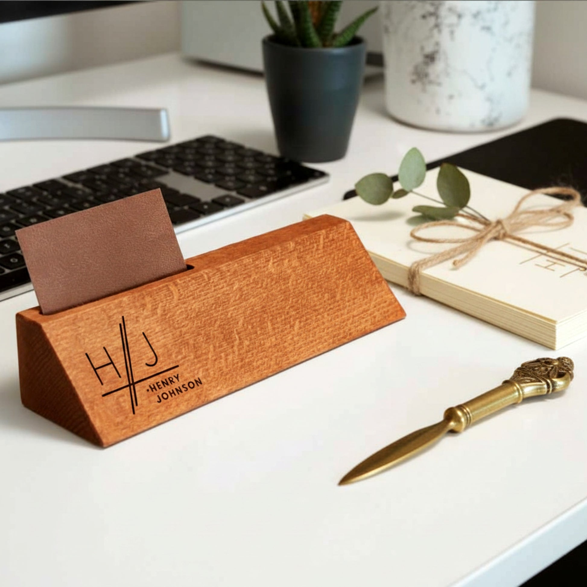 Personalized wooden desk name plate with card holder slot.