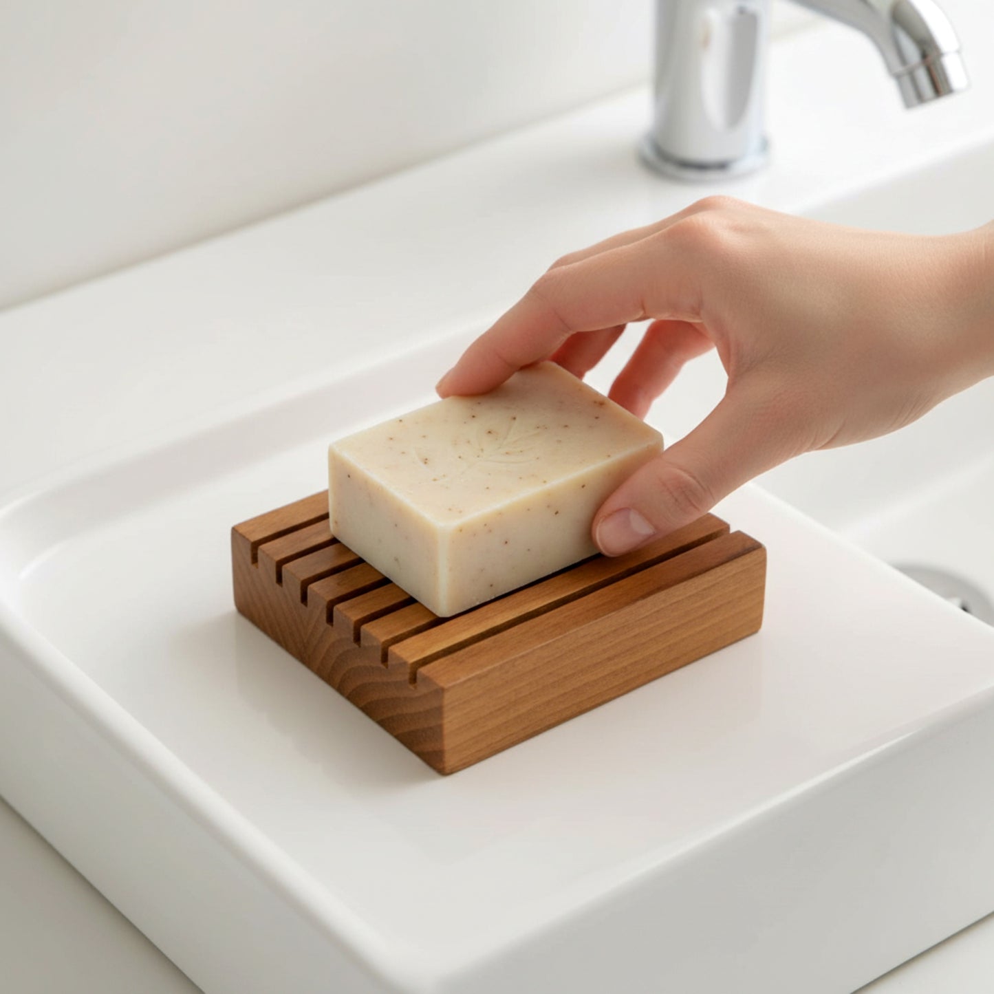 Solid walnut wood soap dish drainer for bathroom.