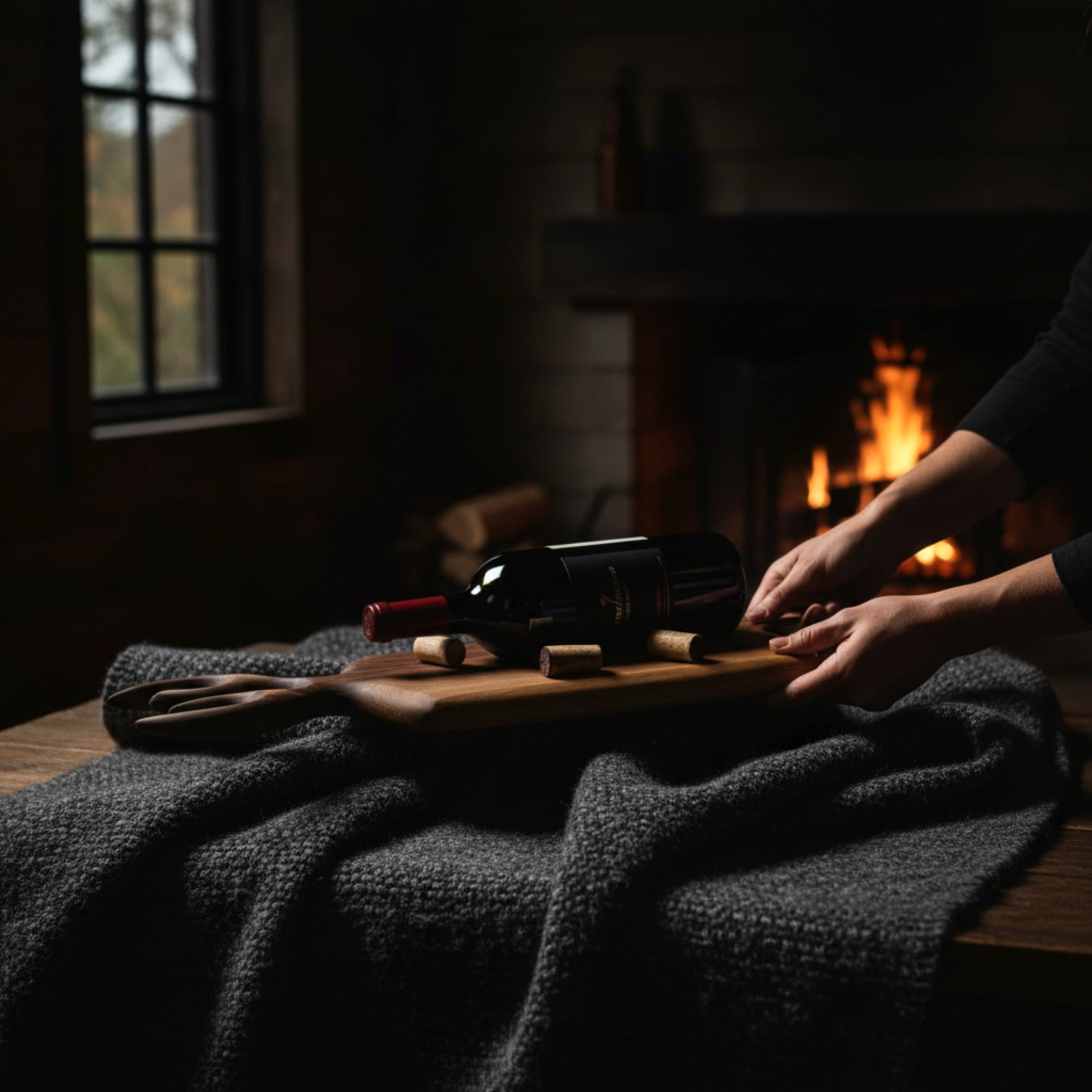 Hand carved walnut wood serving board with antler handle.