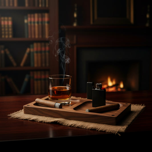 Solid walnut cigar ashtray and whiskey glass holder luxury gift.