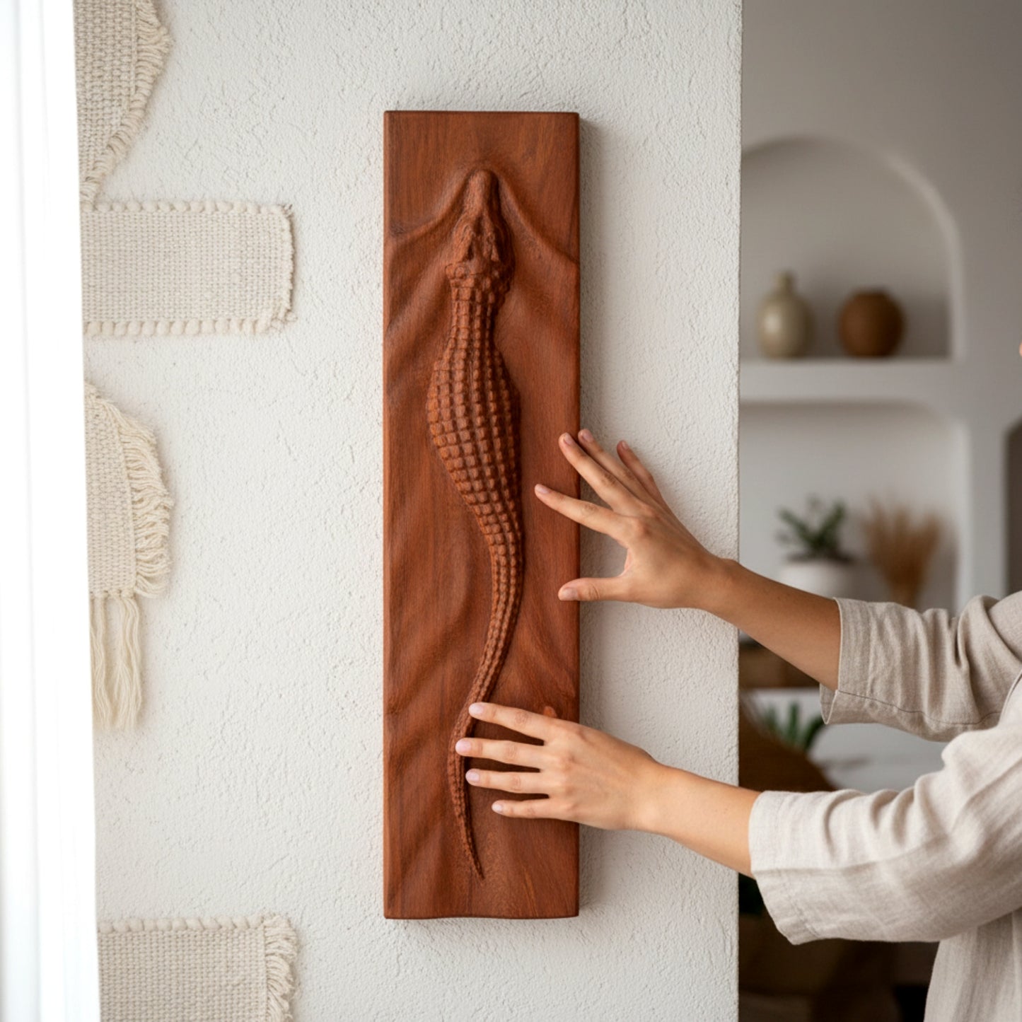 Hand carved walnut crocodile wall art sculpture 3D relief.