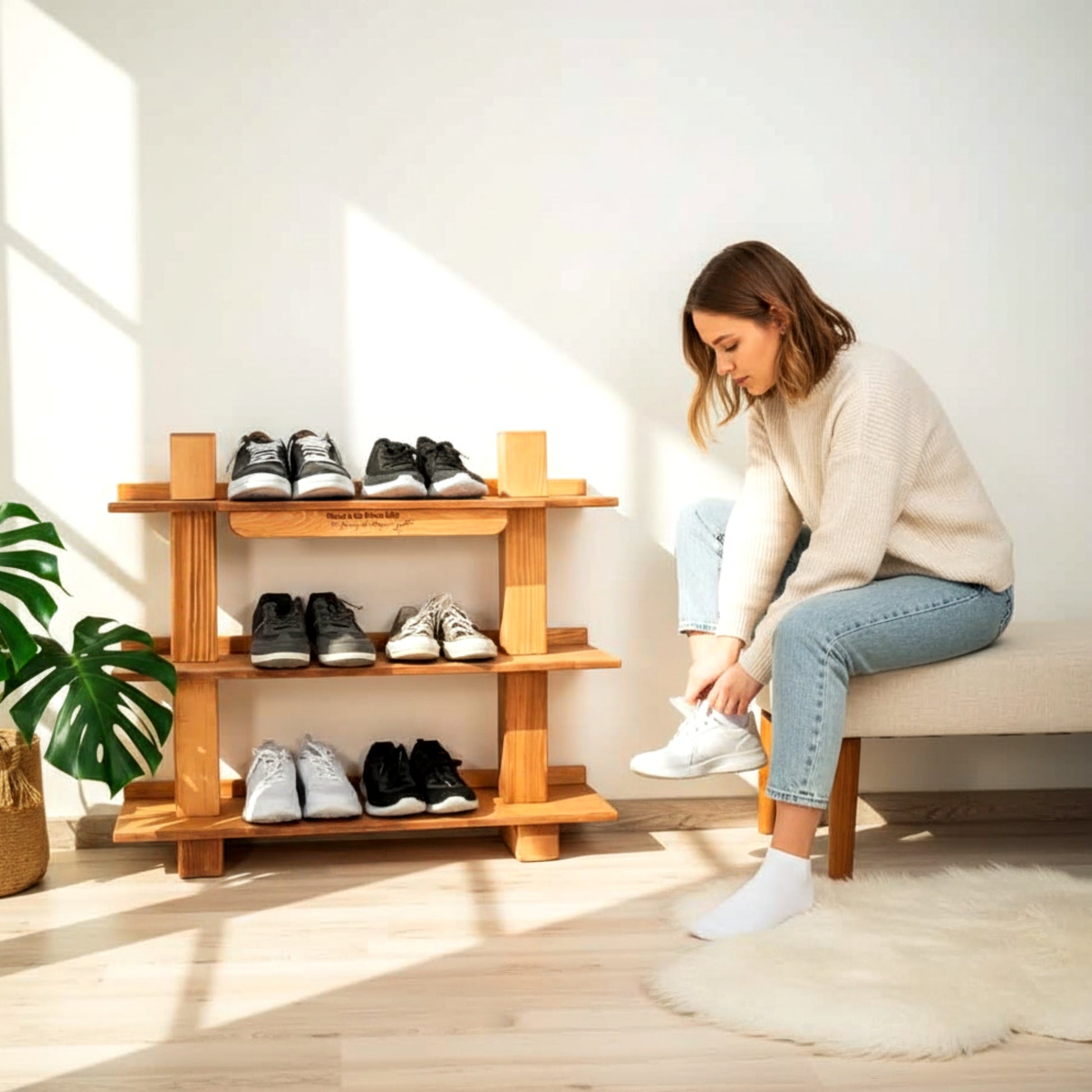 Heavy duty solid pine shoe bench rack thick wood.