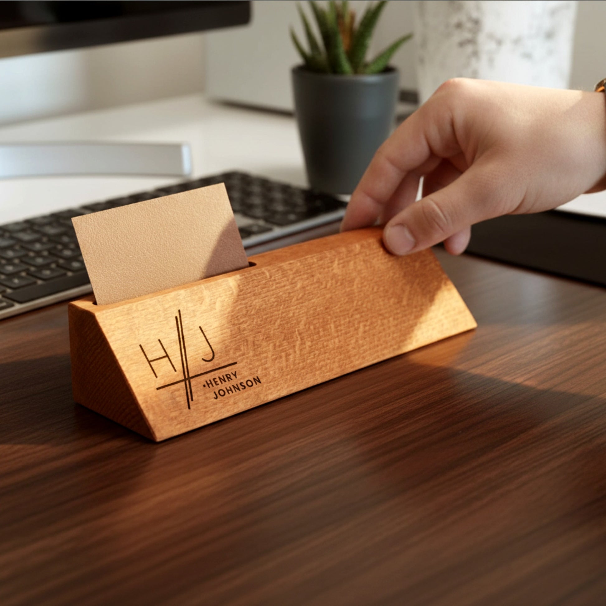 Personalized wooden desk name plate with card holder slot.