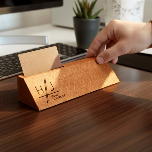 Personalized wooden desk name plate with card holder slot.