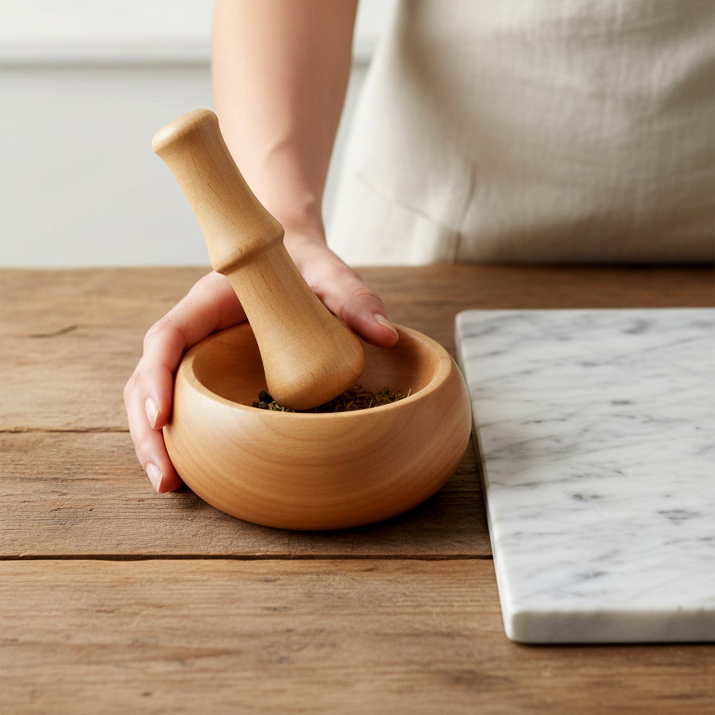 Solid walnut wood mortar and pestle set for spice grinding