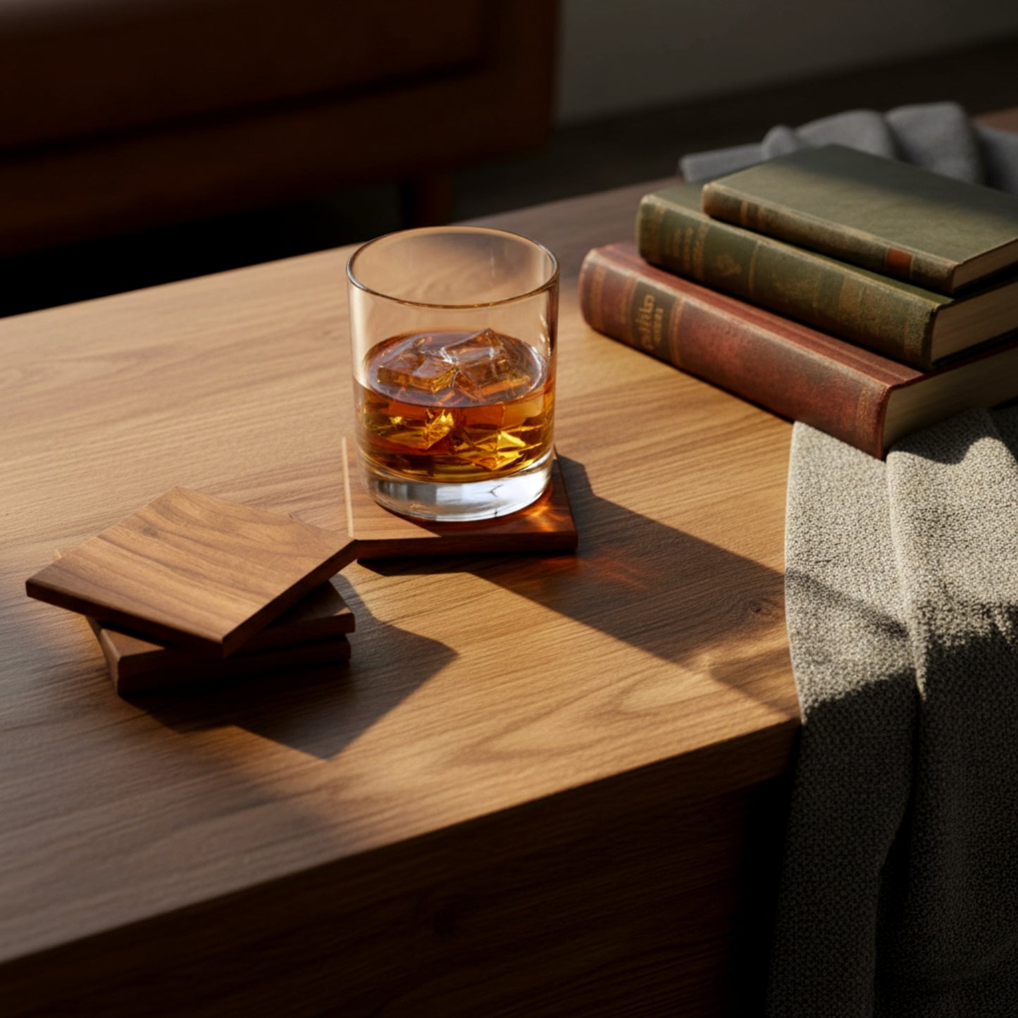 Personalized solid walnut and beech wood coasters set.