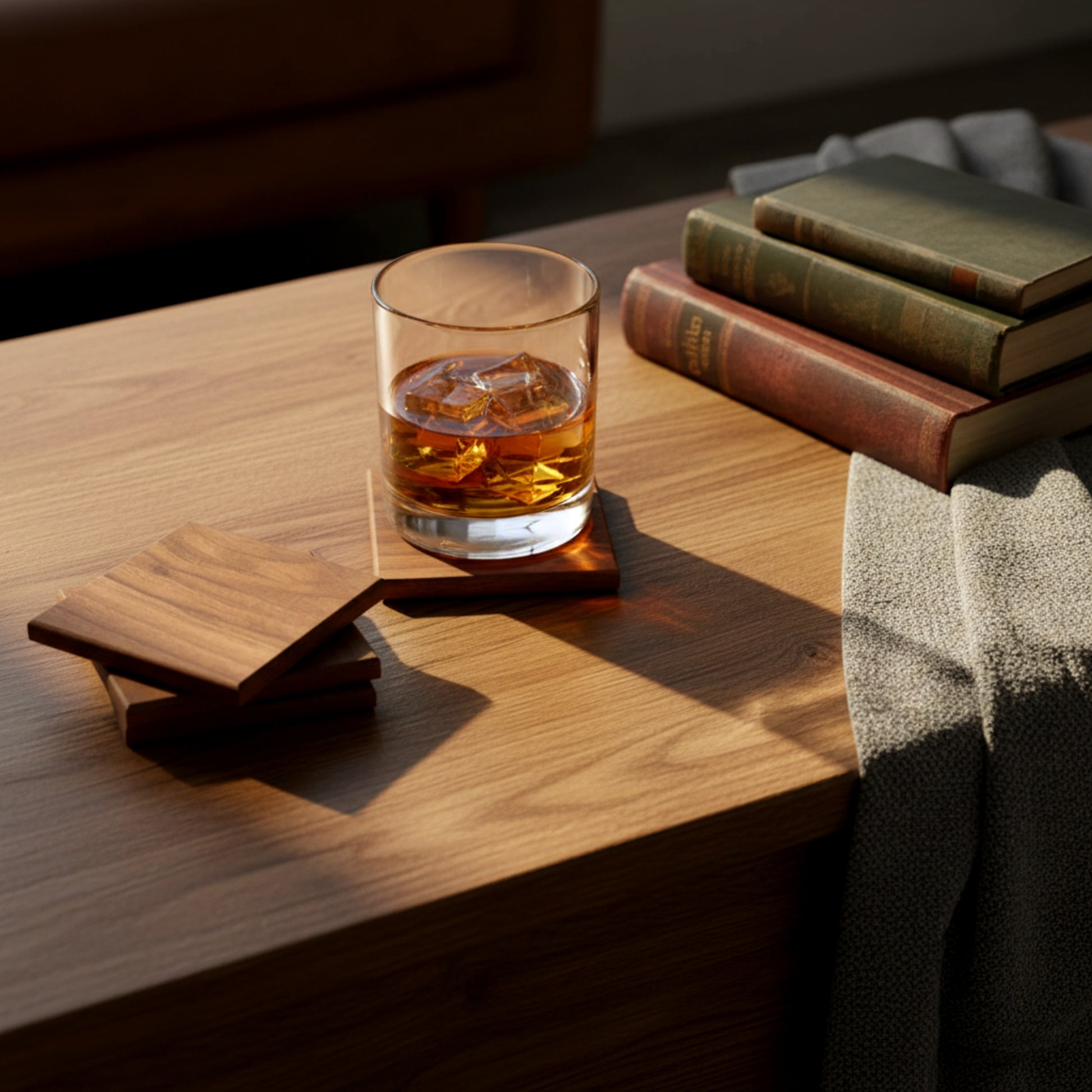 Personalized solid walnut and beech wood coasters set.