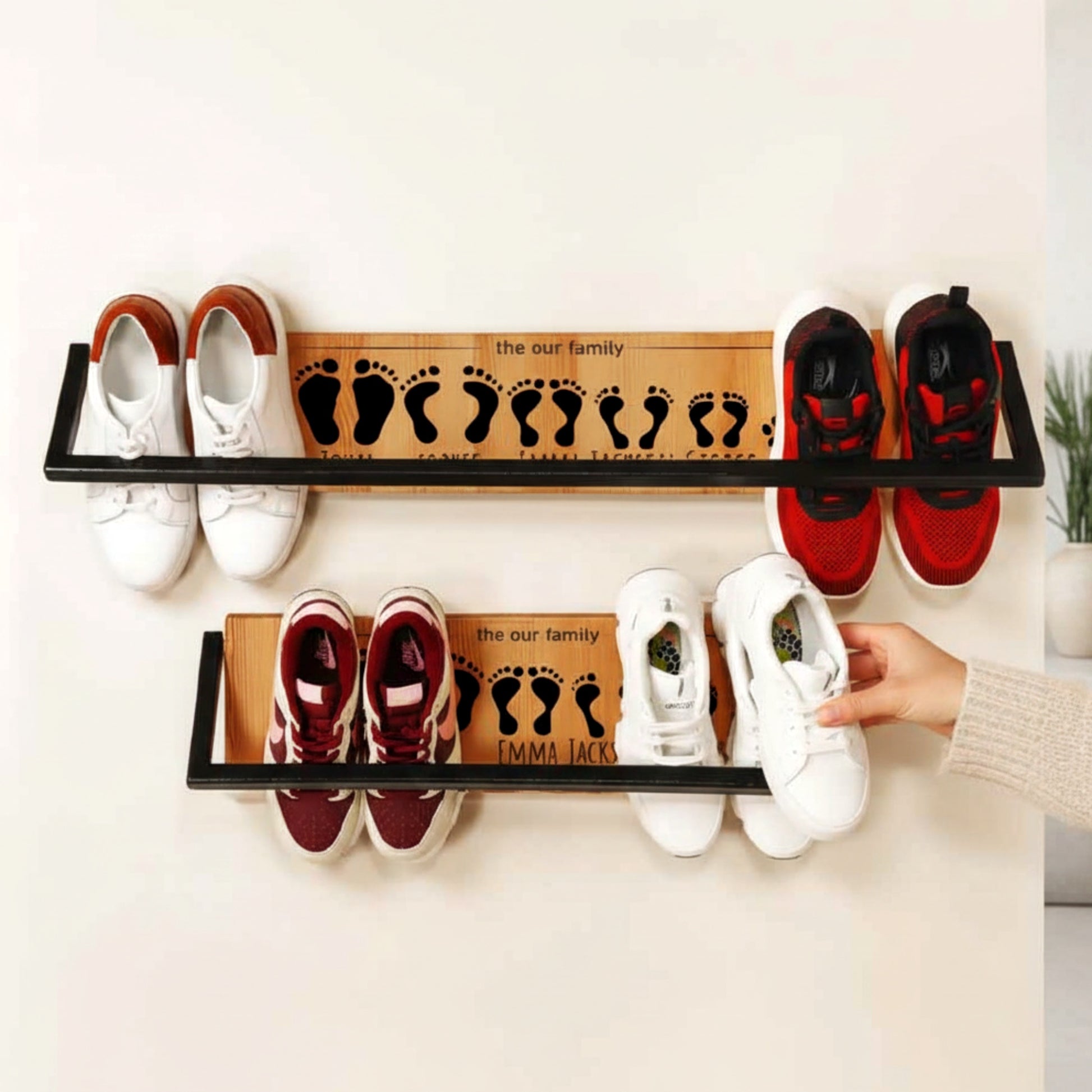 Solid pine wood floating shoe rack wall mounted shelf.