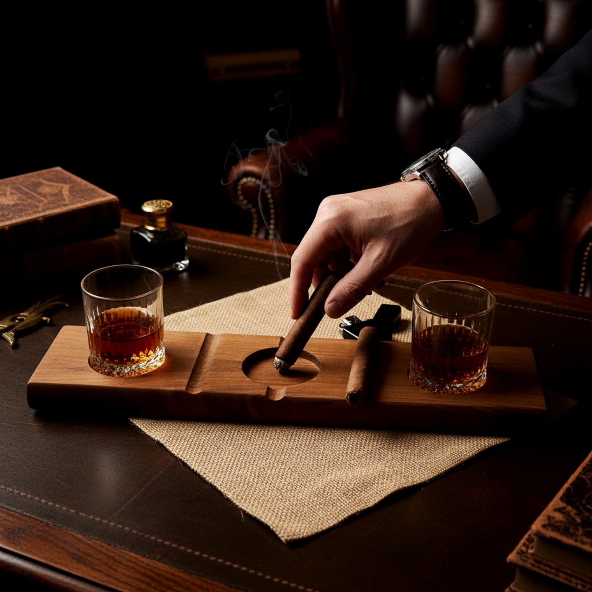 Solid walnut cigar ashtray and whiskey glass holder luxury gift.