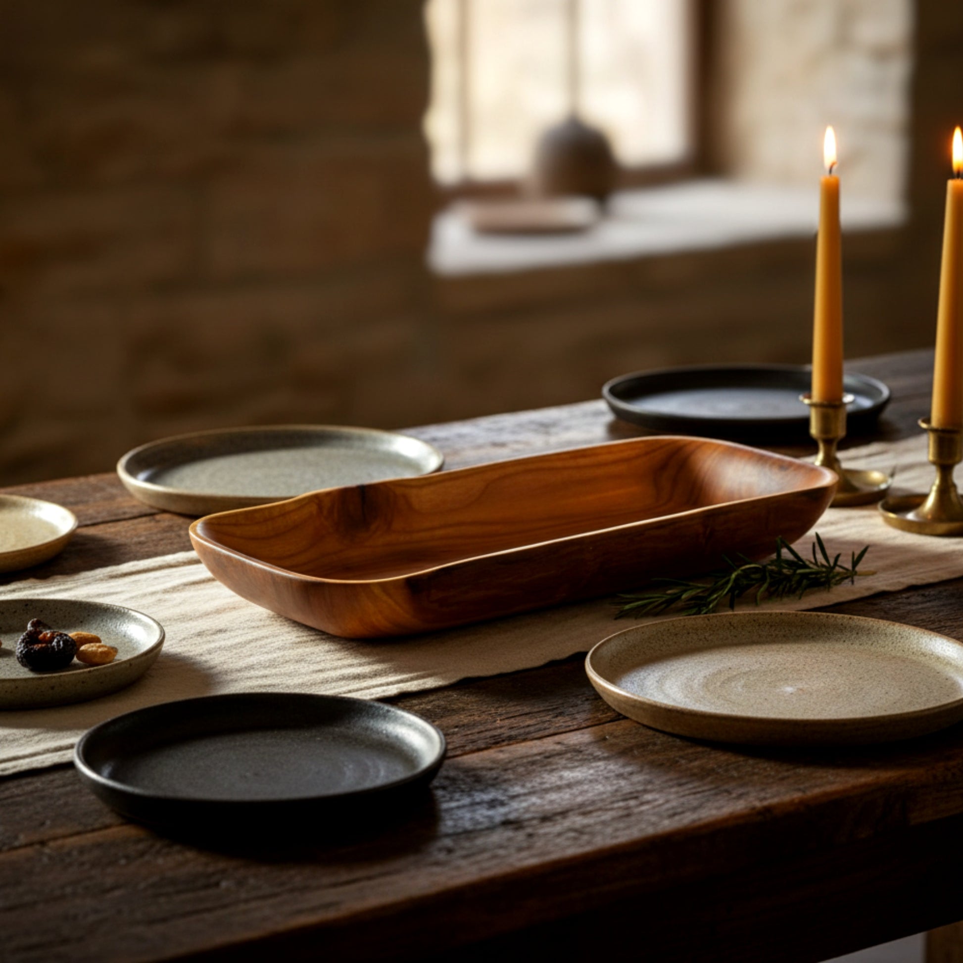 Solid walnut wood dough bowl boat shape centerpiece.