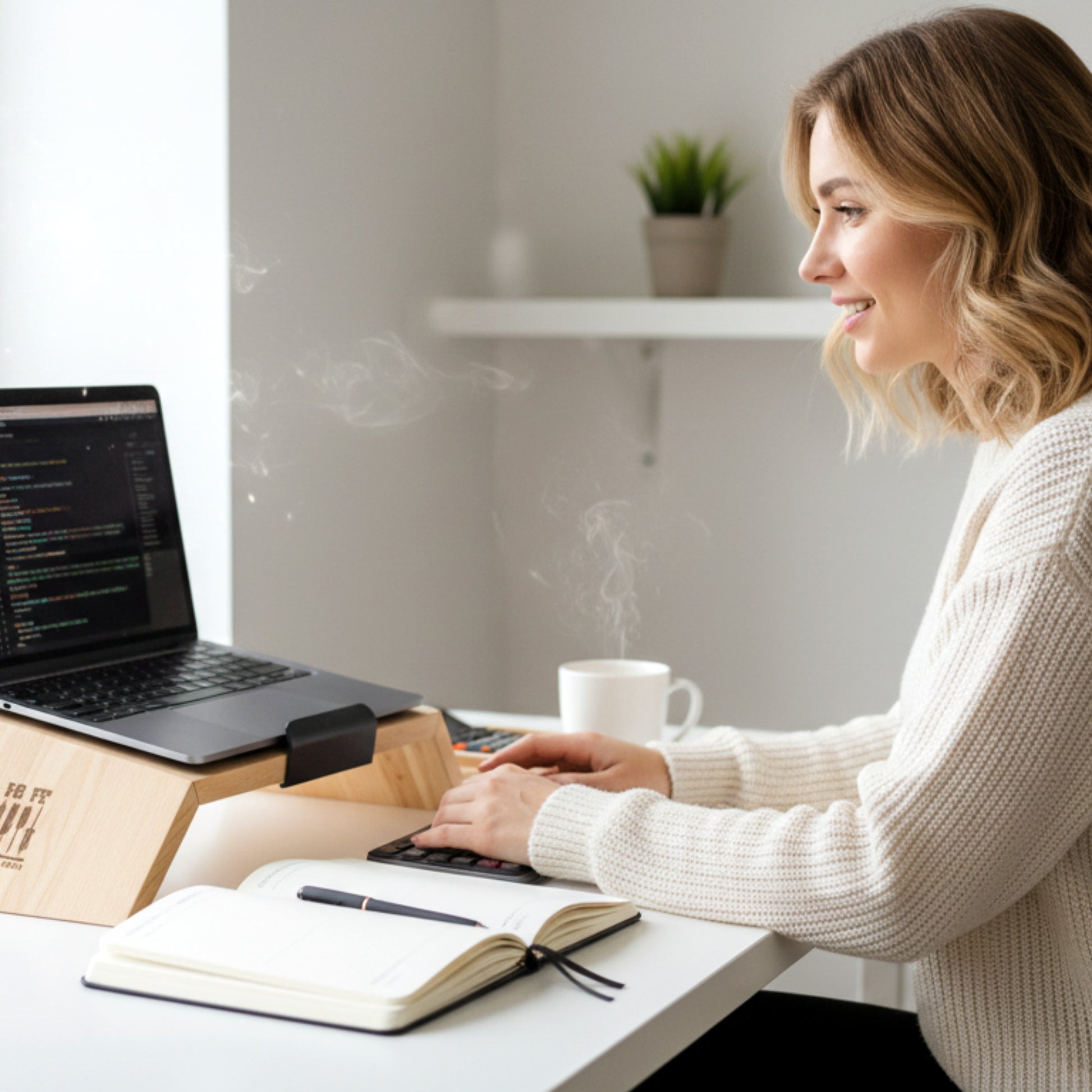 Solid pine wood monitor stand desk organizer with phone holder.