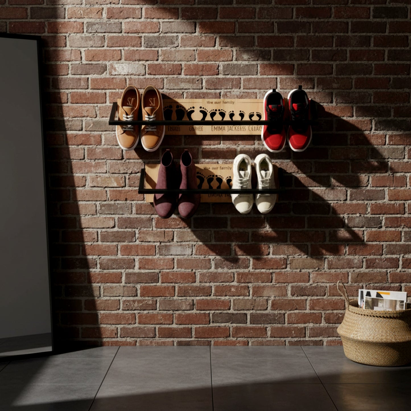 Solid pine wood floating shoe rack wall mounted shelf.