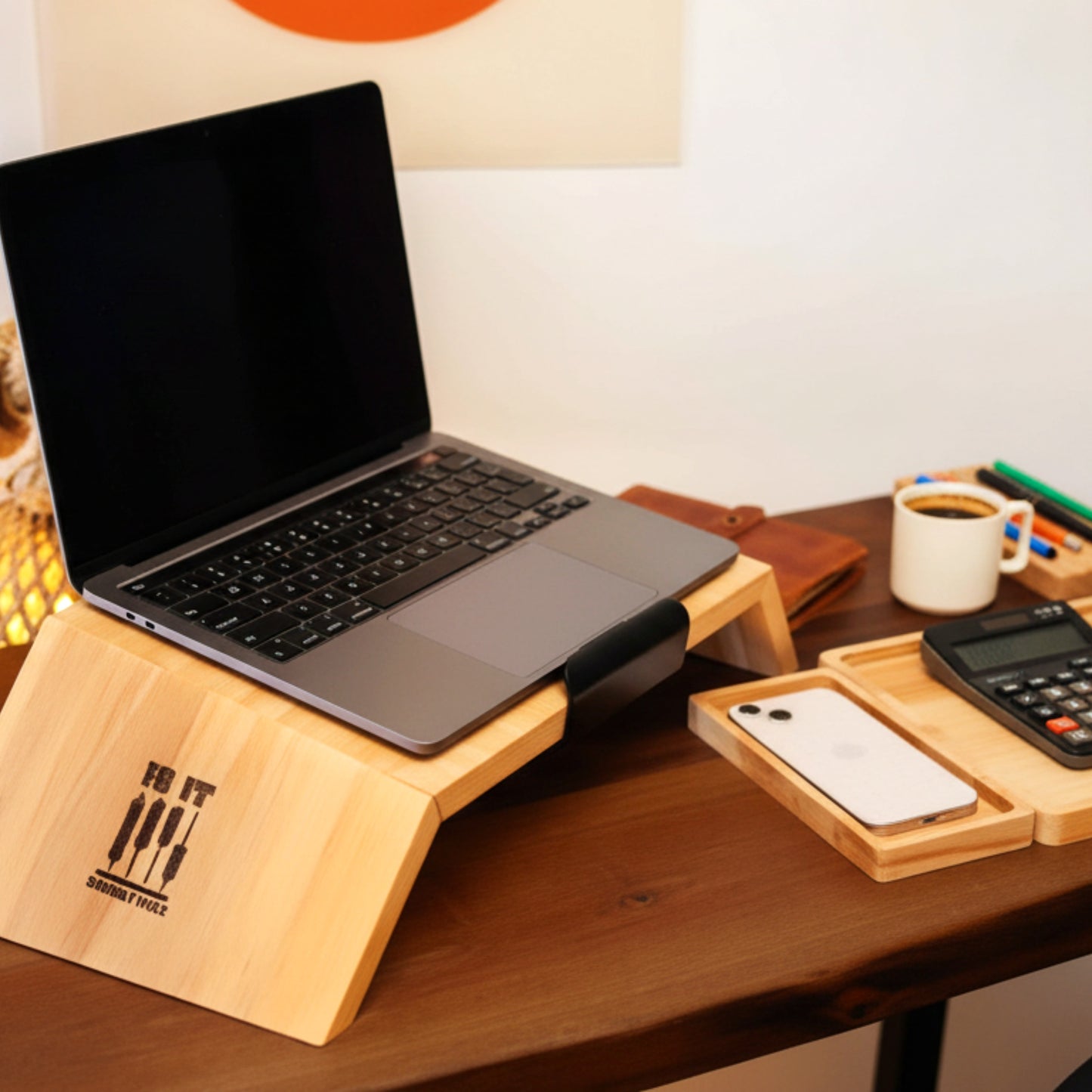 Solid pine wood monitor stand desk organizer with phone holder.