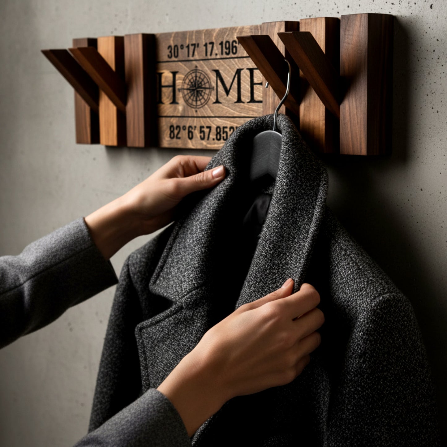 Walnut piano coat rack wall mounted flip down hooks.