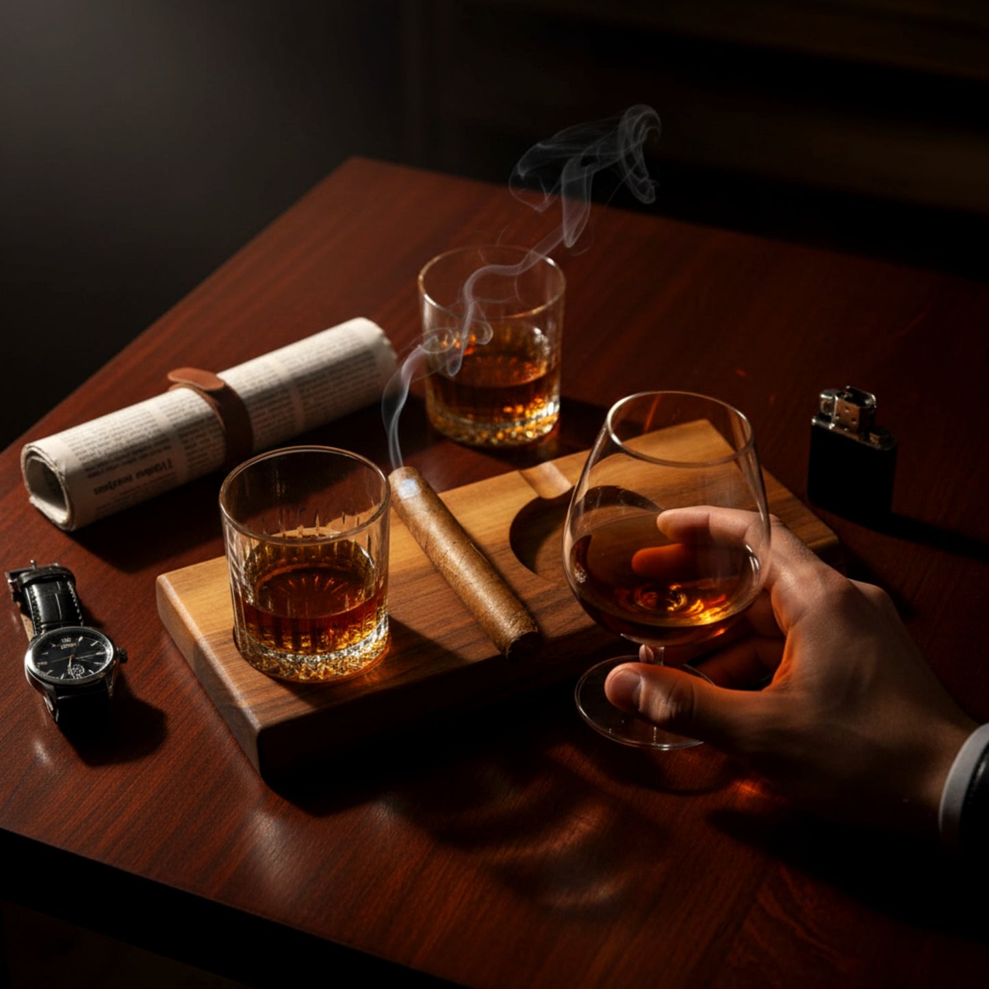 Solid walnut cigar ashtray and whiskey glass holder luxury gift.