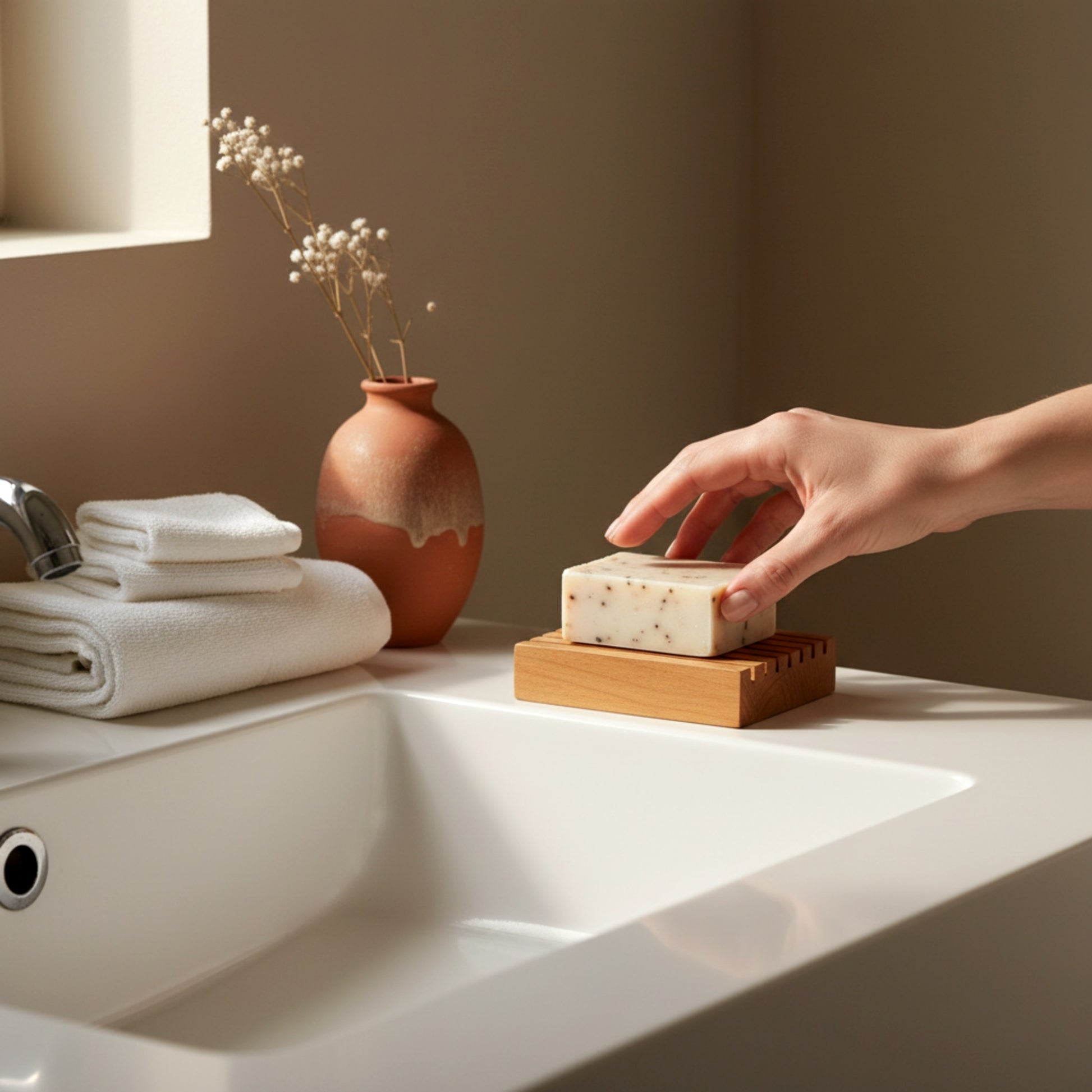 Solid walnut wood soap dish drainer for bathroom.