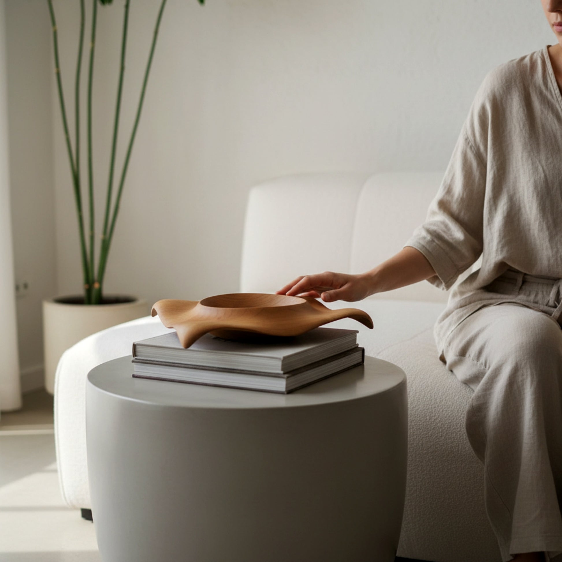 Large solid olive wood centerpiece bowl sculptural fruit bowl.