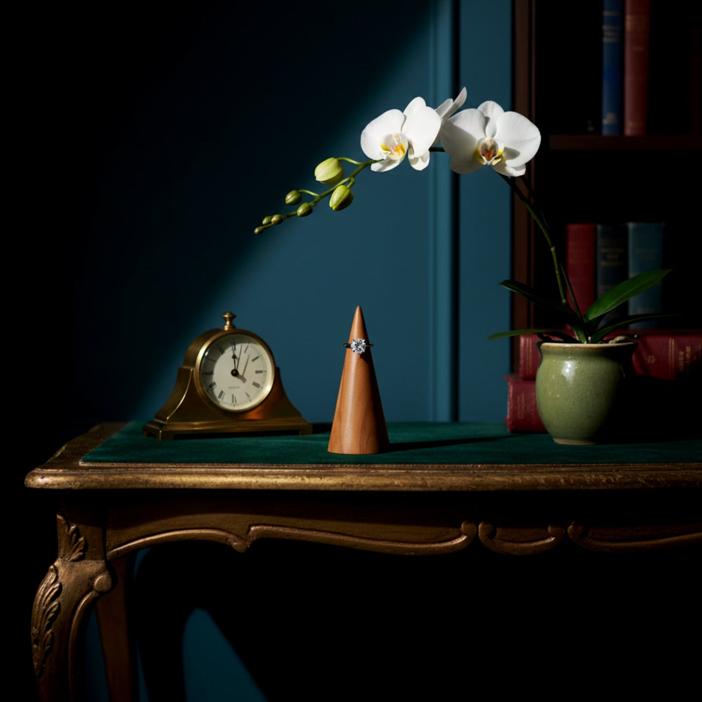 Solid walnut wood ring holder cone for engagement rings.