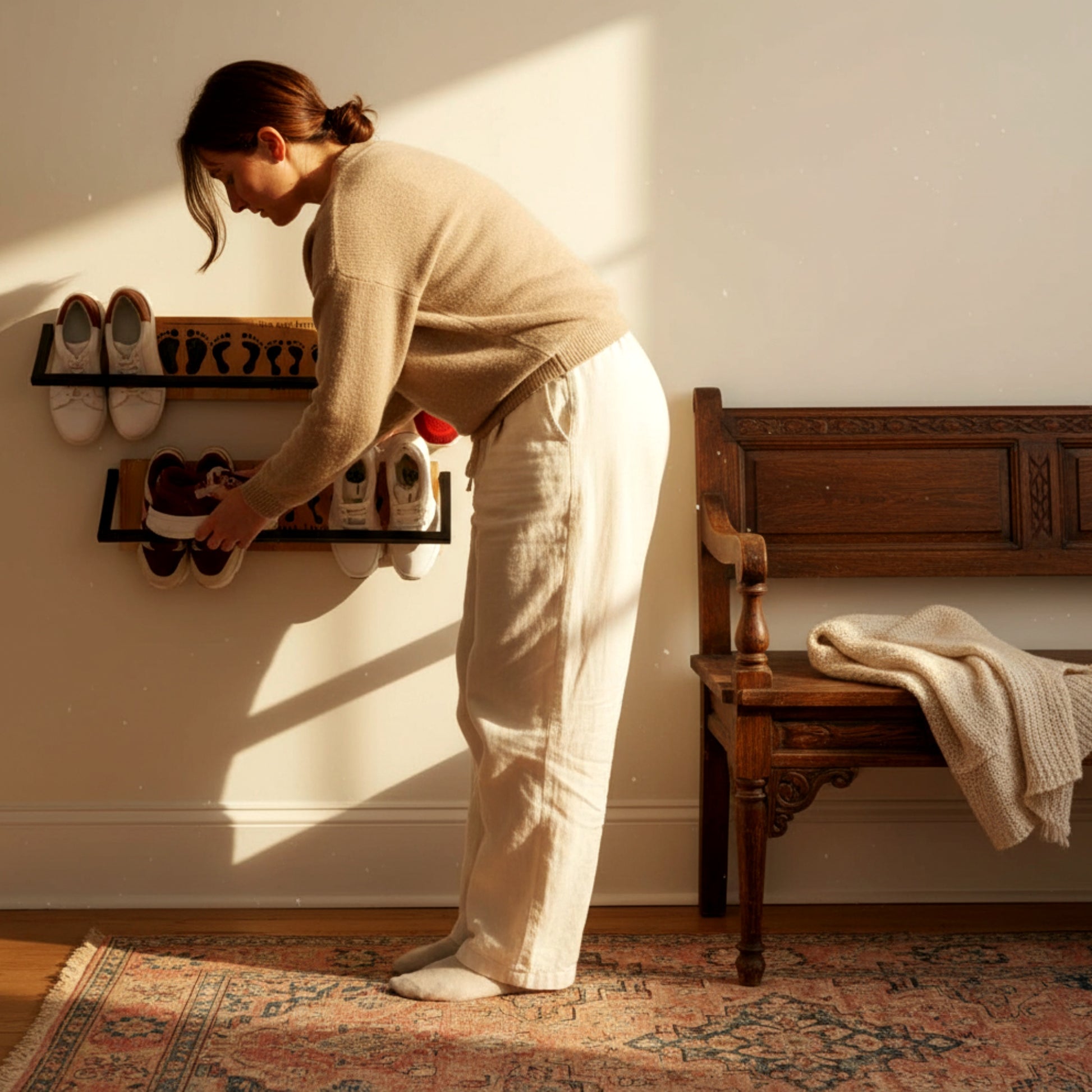 Solid pine wood floating shoe rack wall mounted shelf.