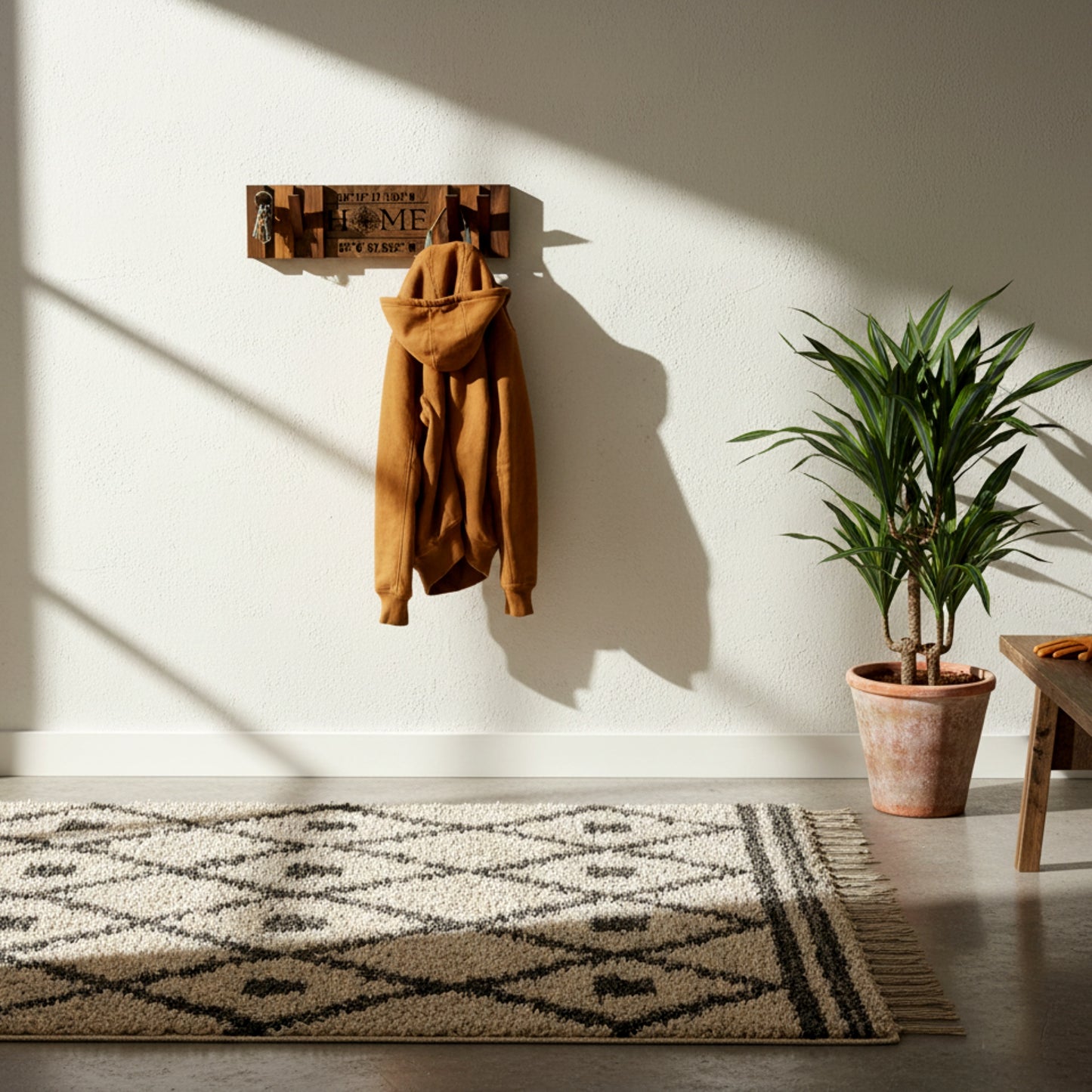 Walnut piano coat rack wall mounted flip down hooks.