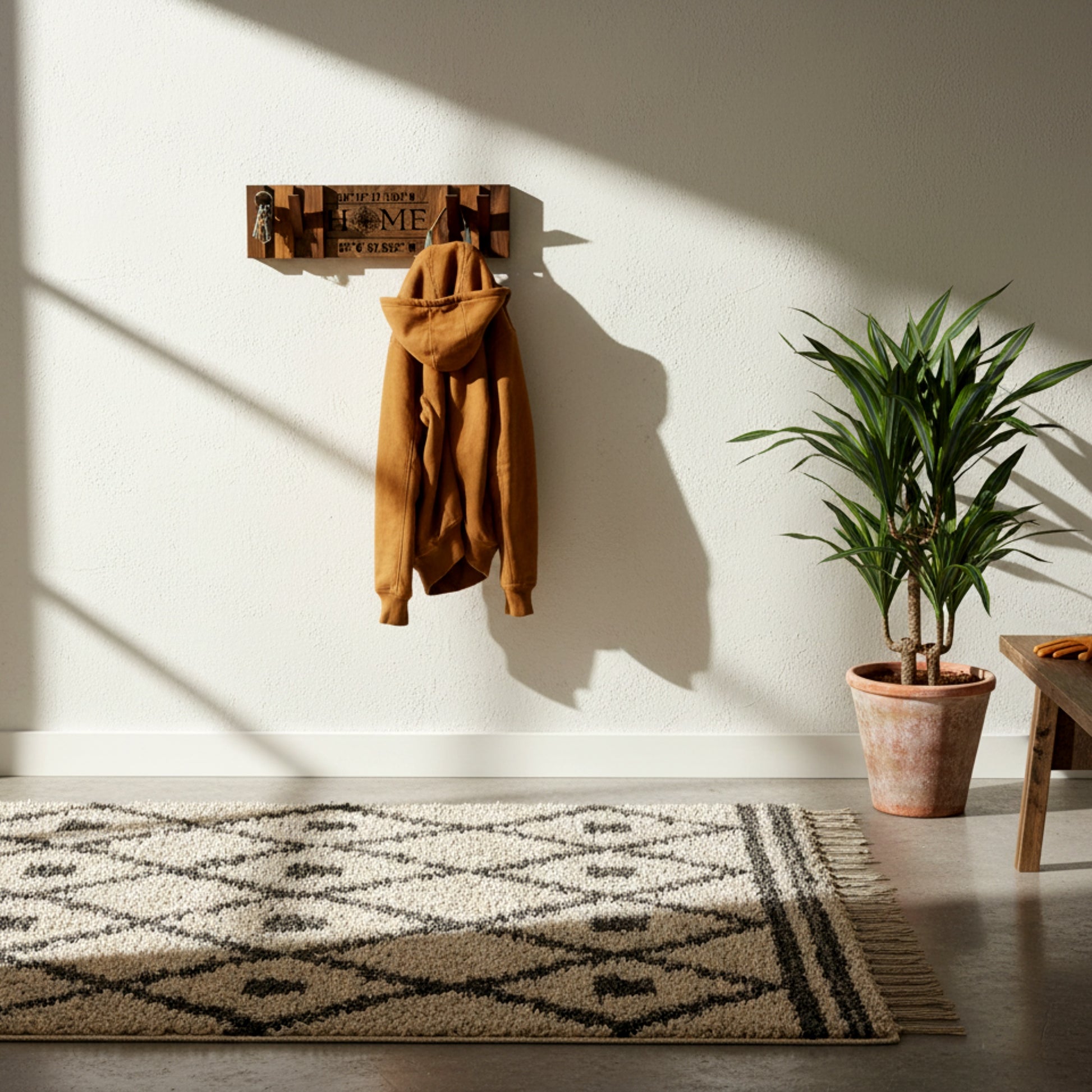 Walnut piano coat rack wall mounted flip down hooks.