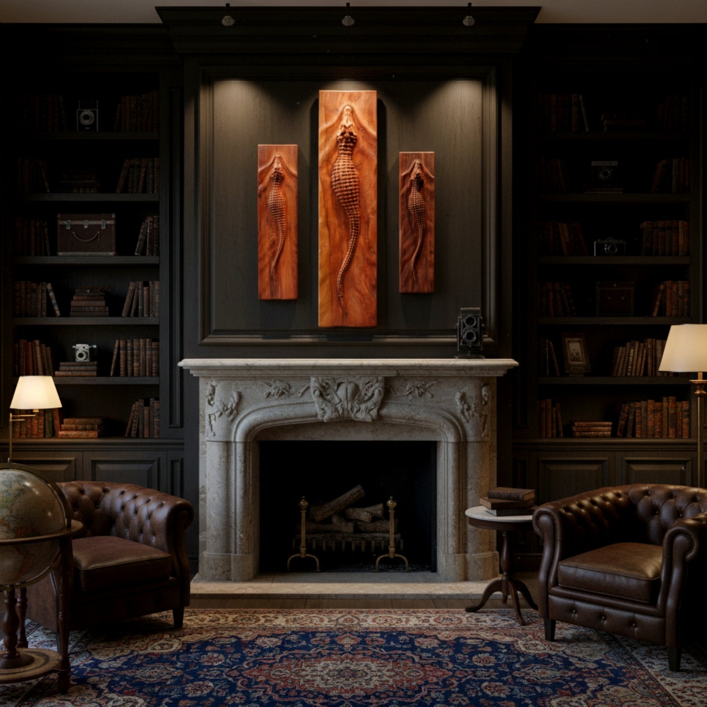 Hand carved walnut crocodile wall art sculpture 3D relief.