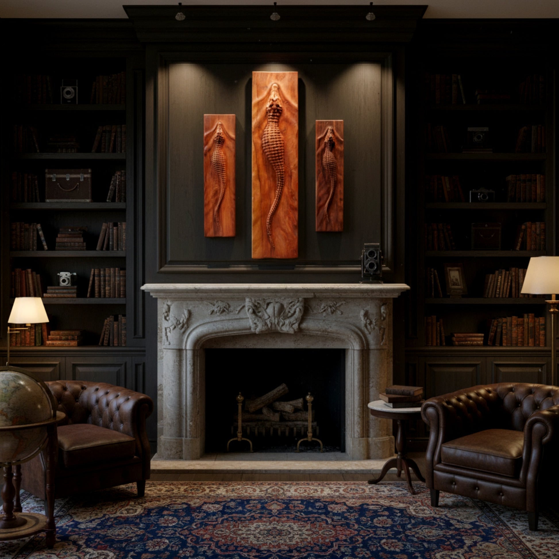 Hand carved walnut crocodile wall art sculpture 3D relief.