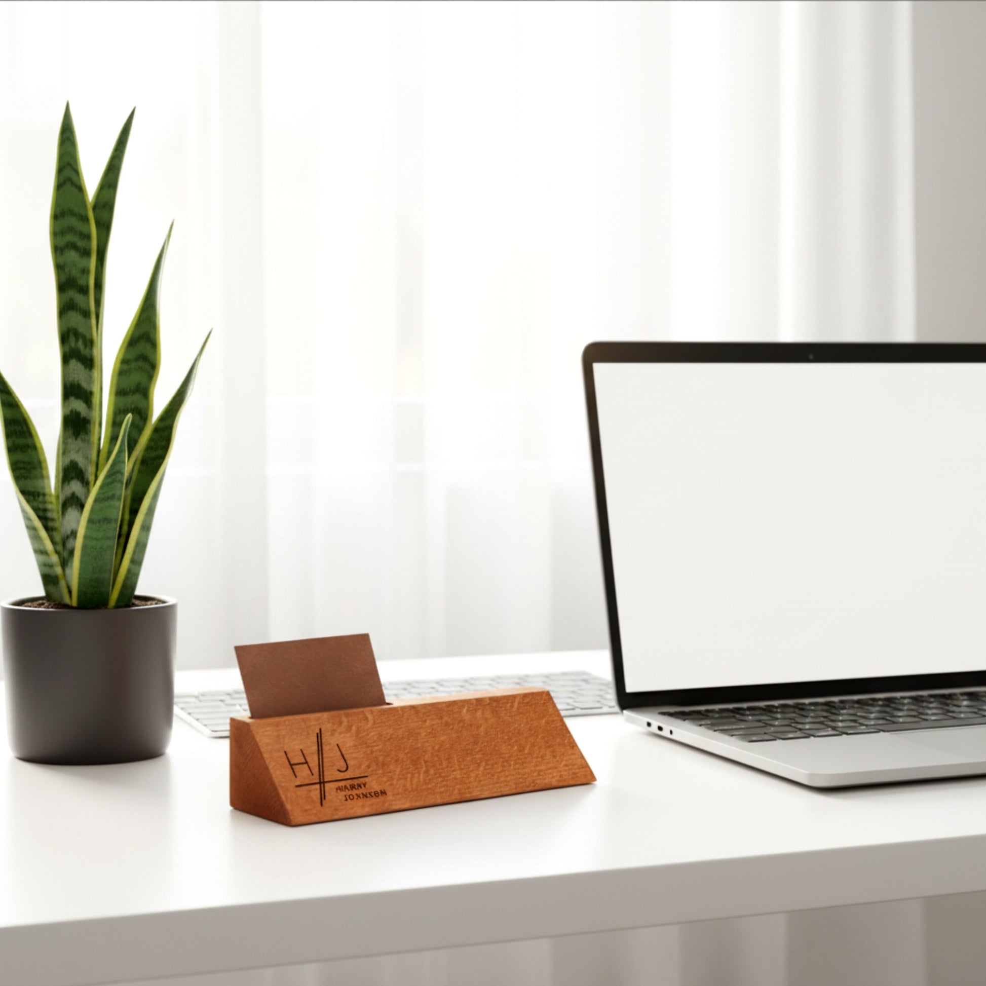 Personalized wooden desk name plate with card holder slot.