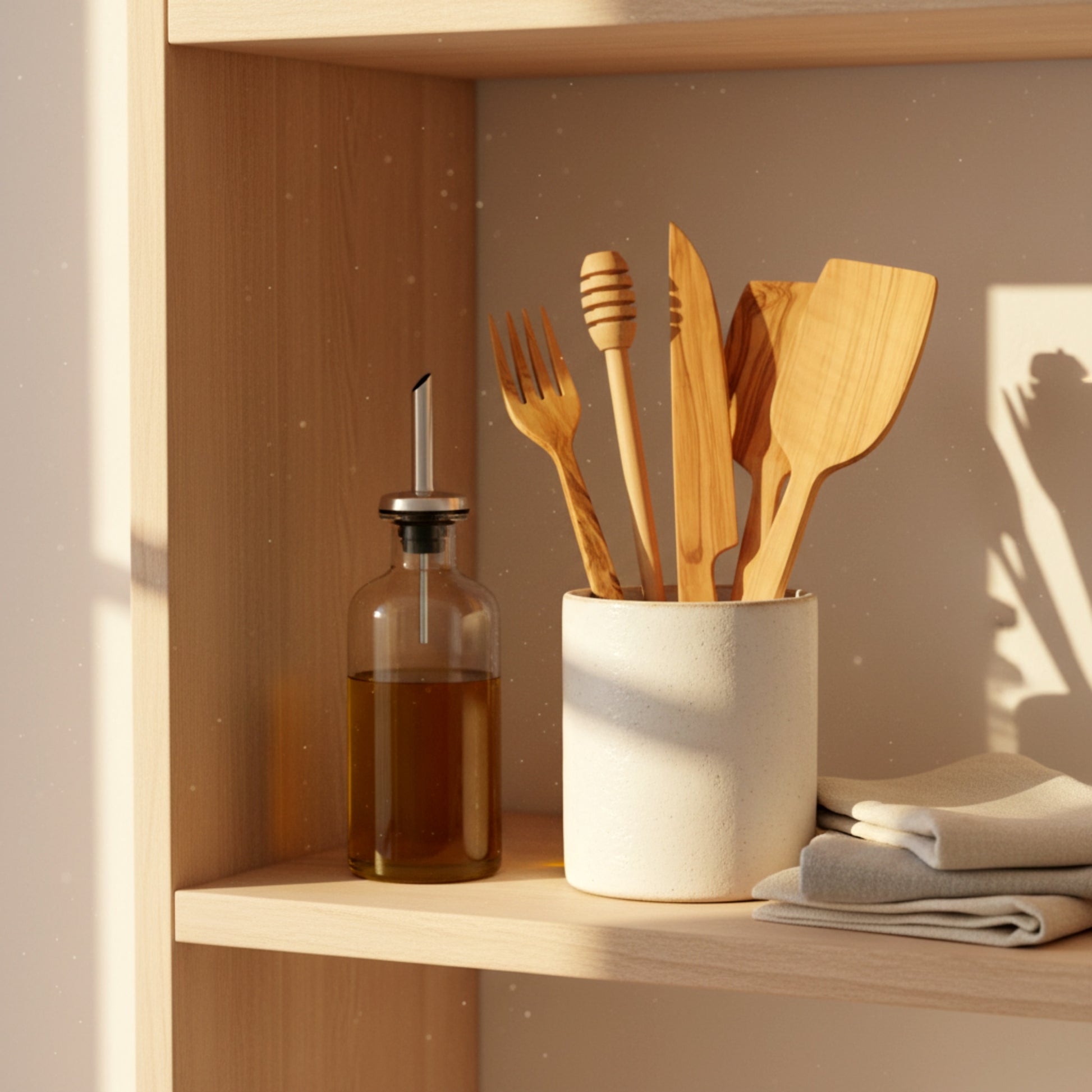 Olive wood kitchen utensil set spatula knife fork honey dipper.