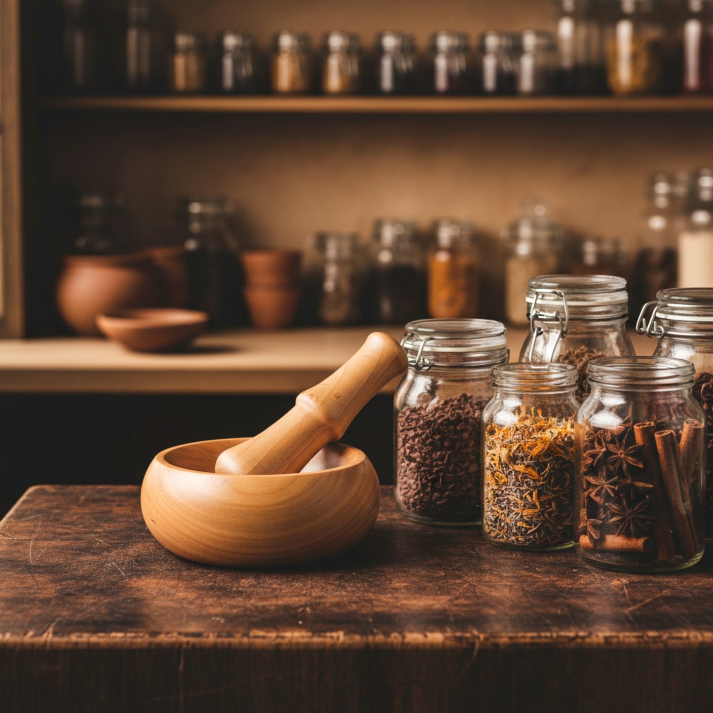 Solid walnut wood mortar and pestle set for spice grinding
