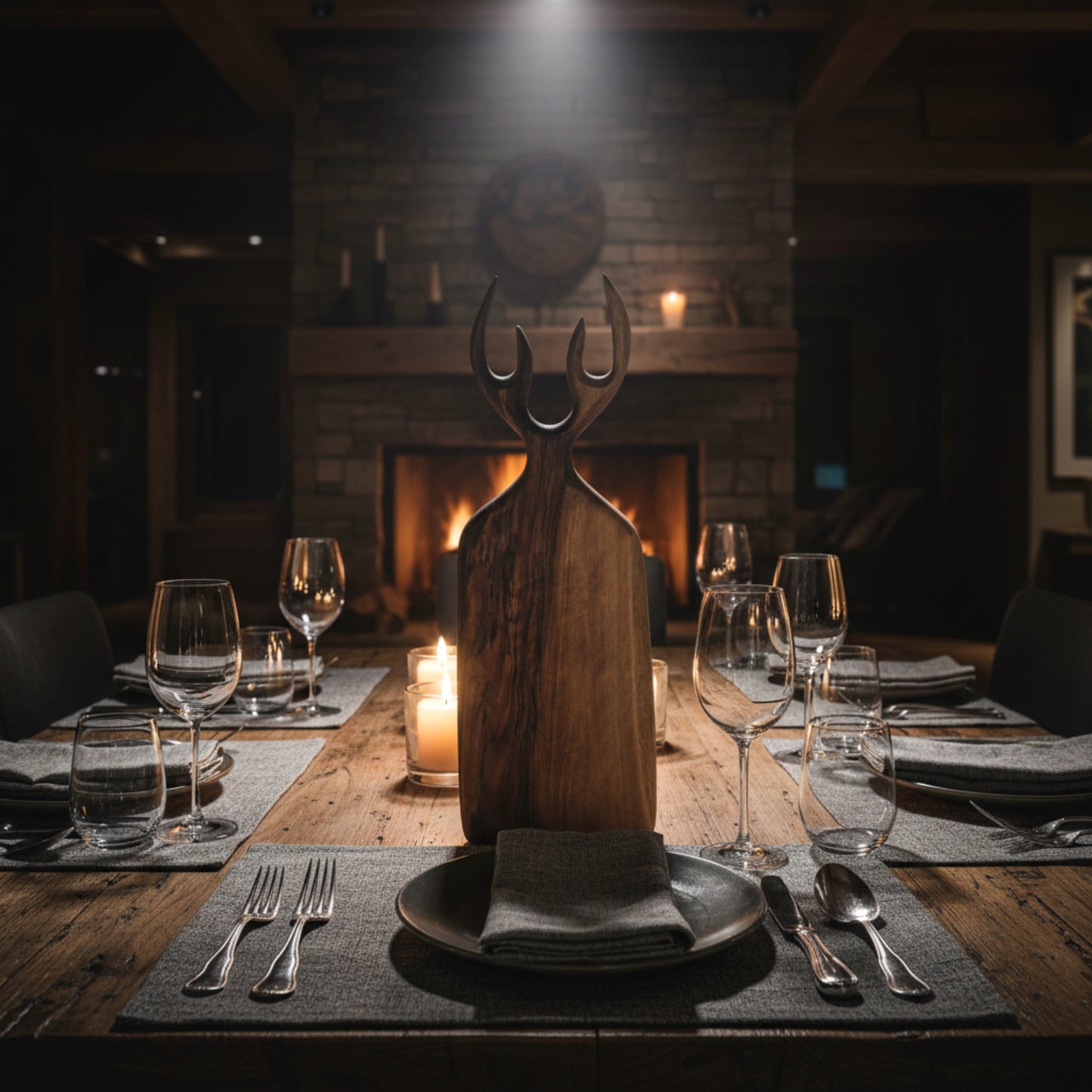 Hand carved walnut wood serving board with antler handle.