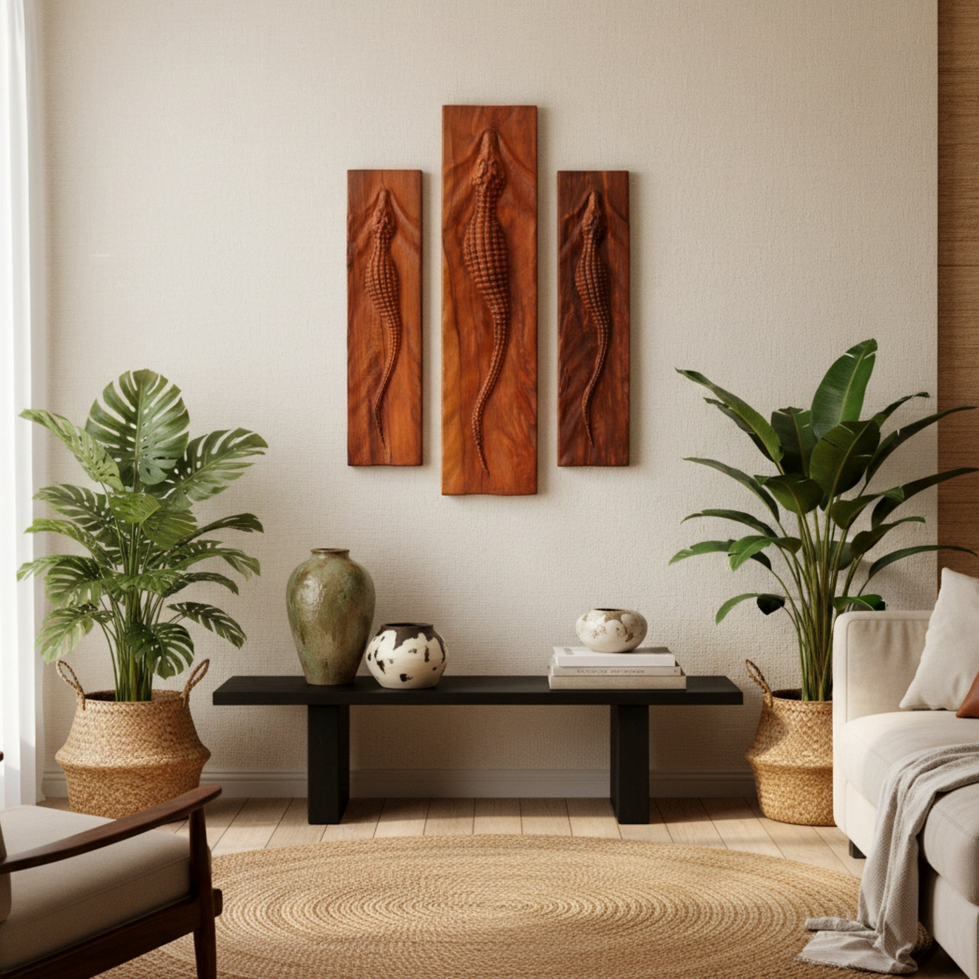 Hand carved walnut crocodile wall art sculpture 3D relief.