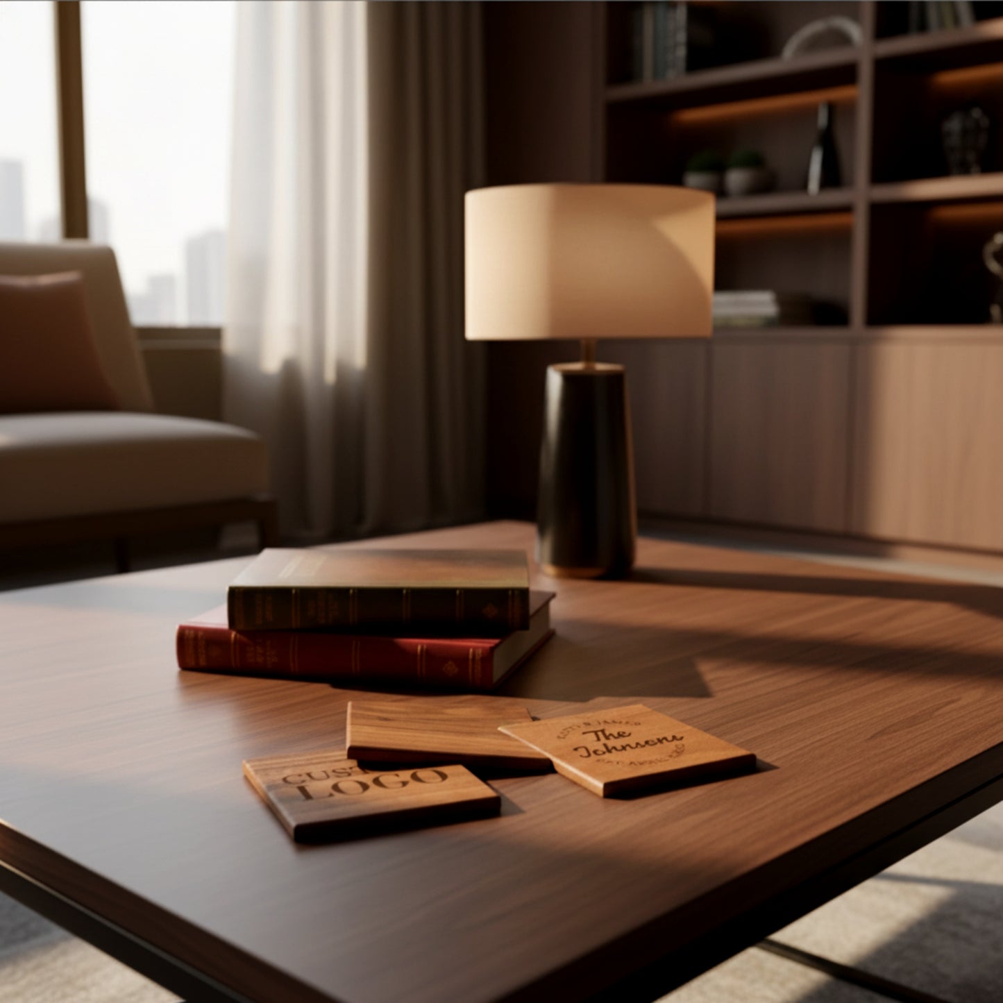 Personalized solid walnut and beech wood coasters set.