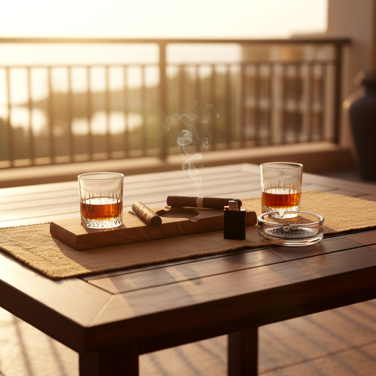 Solid walnut cigar ashtray and whiskey glass holder luxury gift.