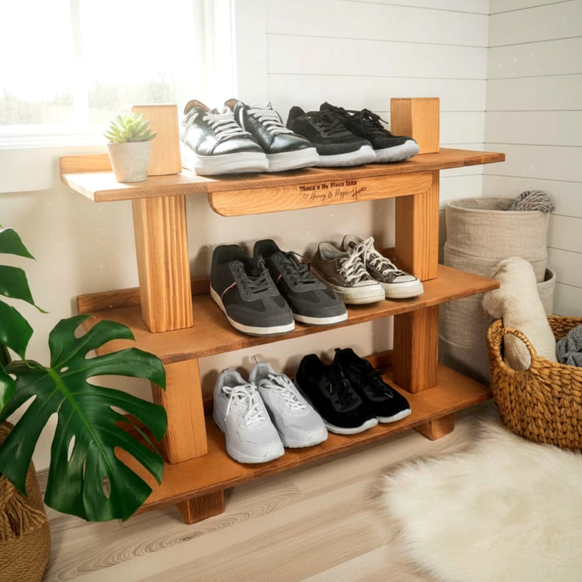 Heavy duty solid pine shoe bench rack thick wood.
