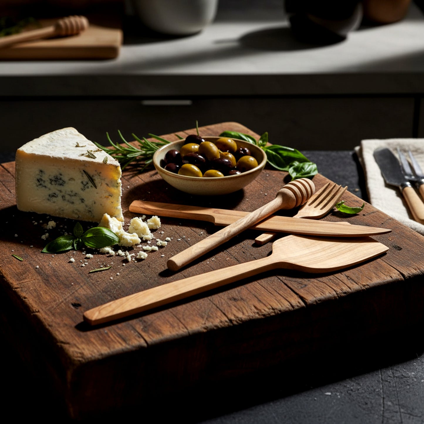 Olive wood kitchen utensil set spatula knife fork honey dipper.