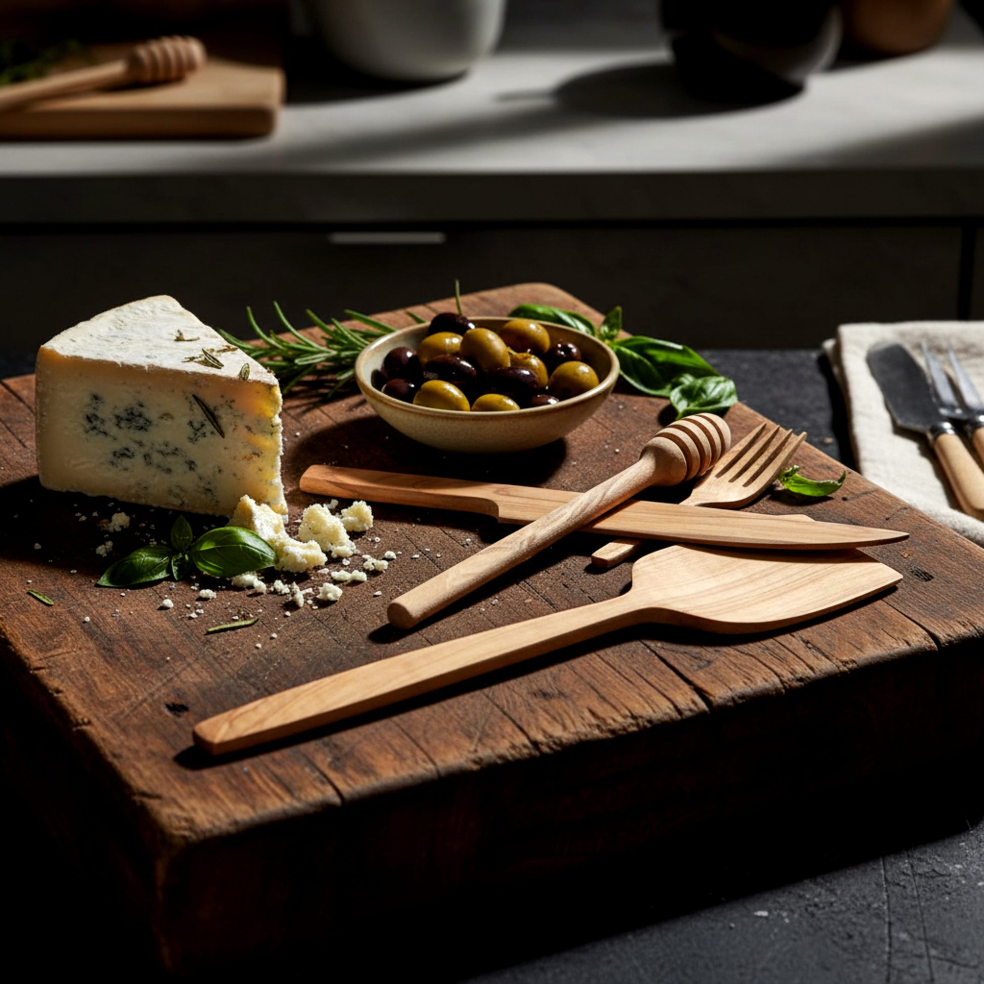 Olive wood kitchen utensil set spatula knife fork honey dipper.