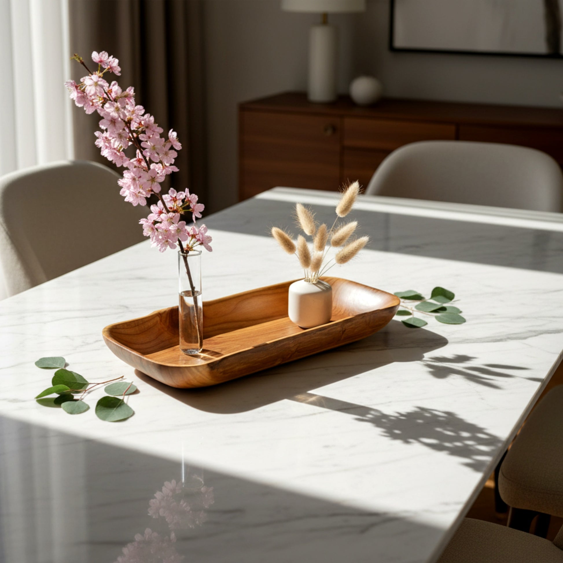 Solid walnut wood dough bowl boat shape centerpiece.