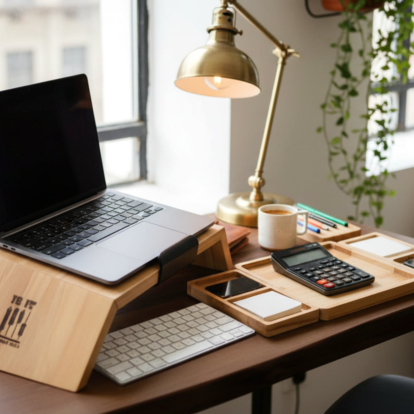Solid pine wood monitor stand desk organizer with phone holder.