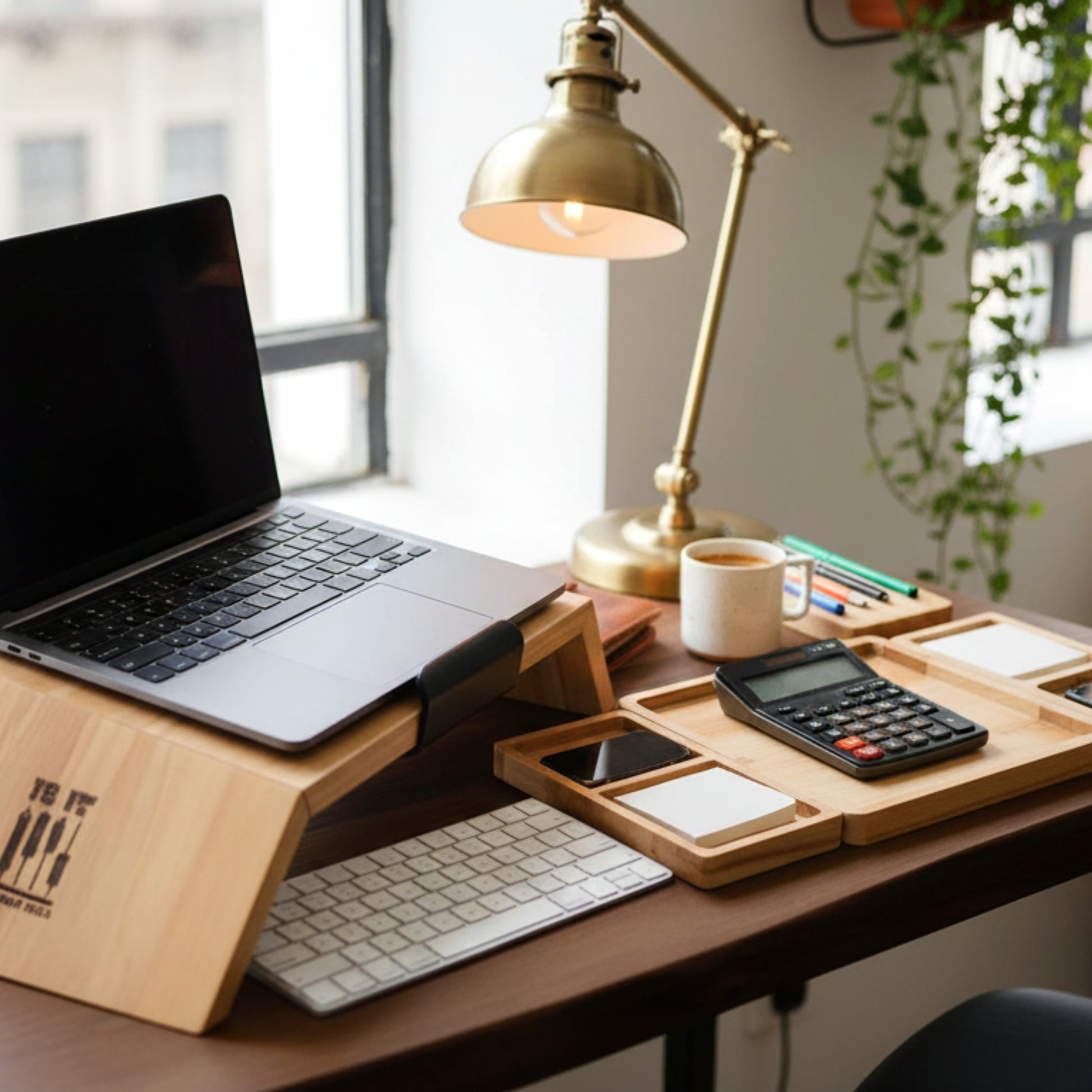 Solid pine wood monitor stand desk organizer with phone holder.