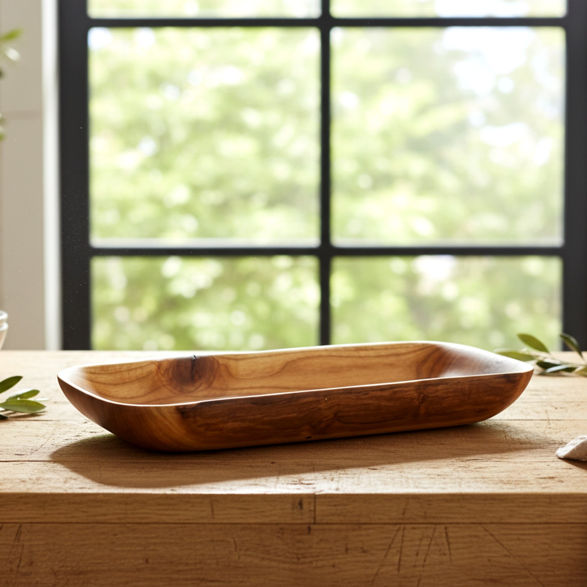 Solid walnut wood dough bowl boat shape centerpiece.