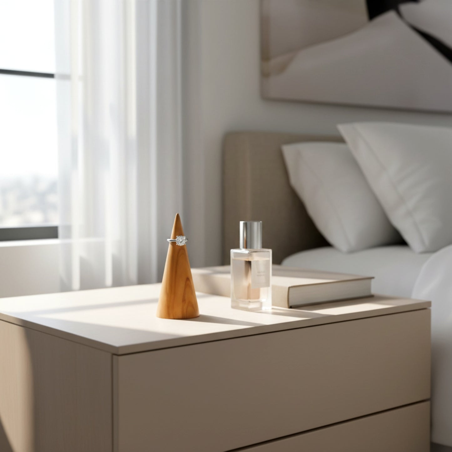 Solid walnut wood ring holder cone for engagement rings.