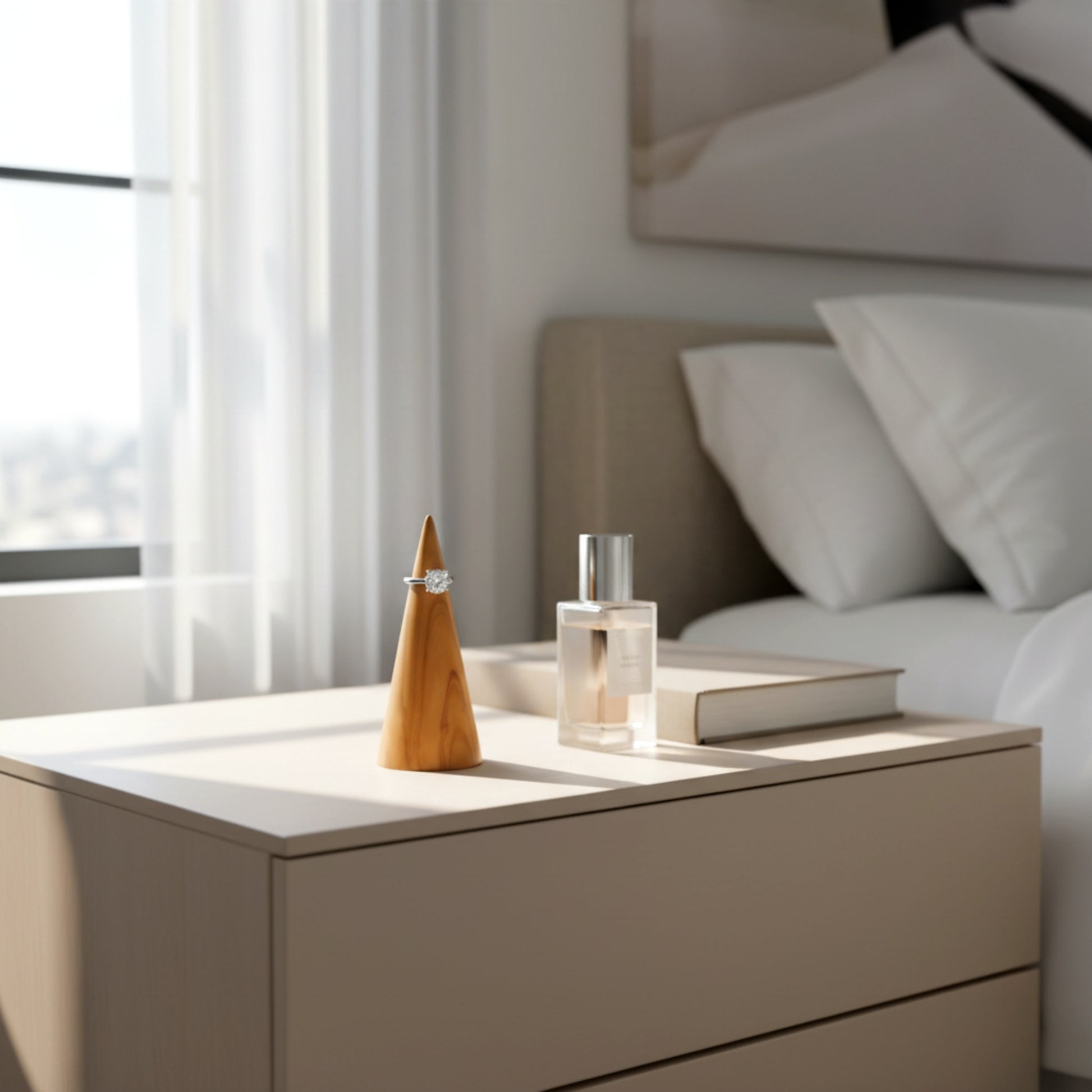 Solid walnut wood ring holder cone for engagement rings.