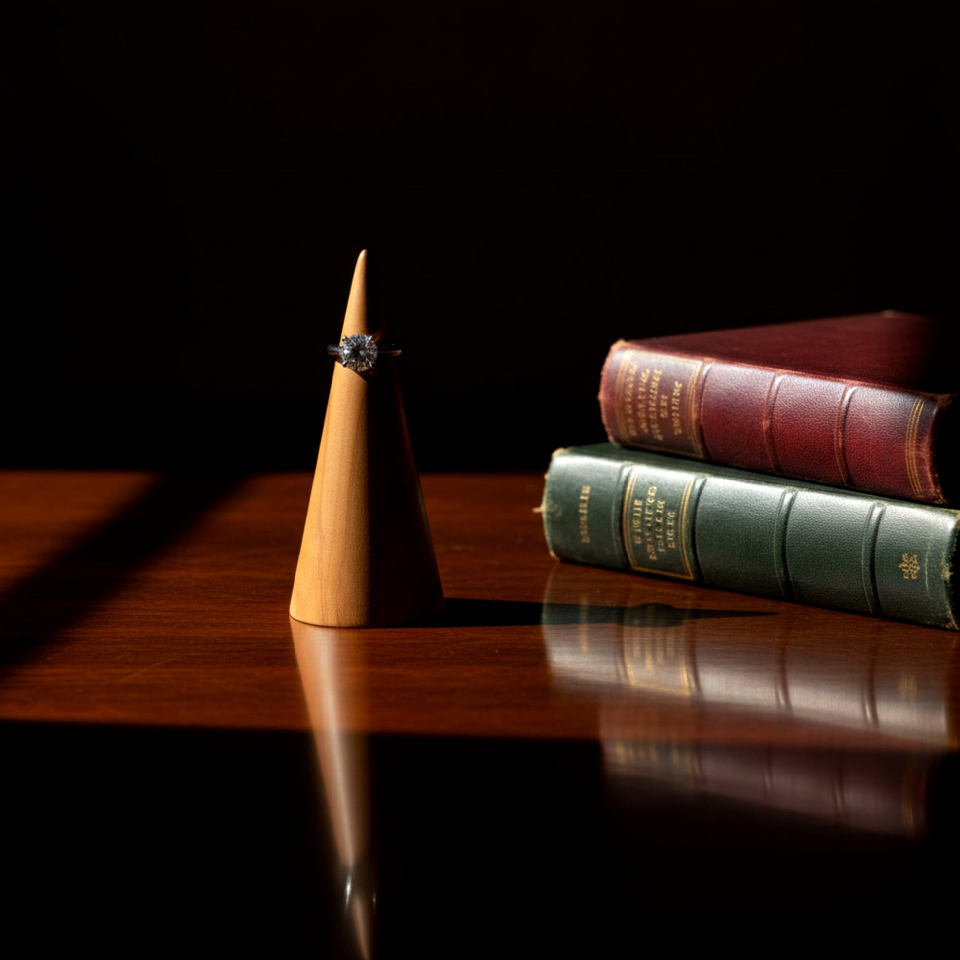 Solid walnut wood ring holder cone for engagement rings.