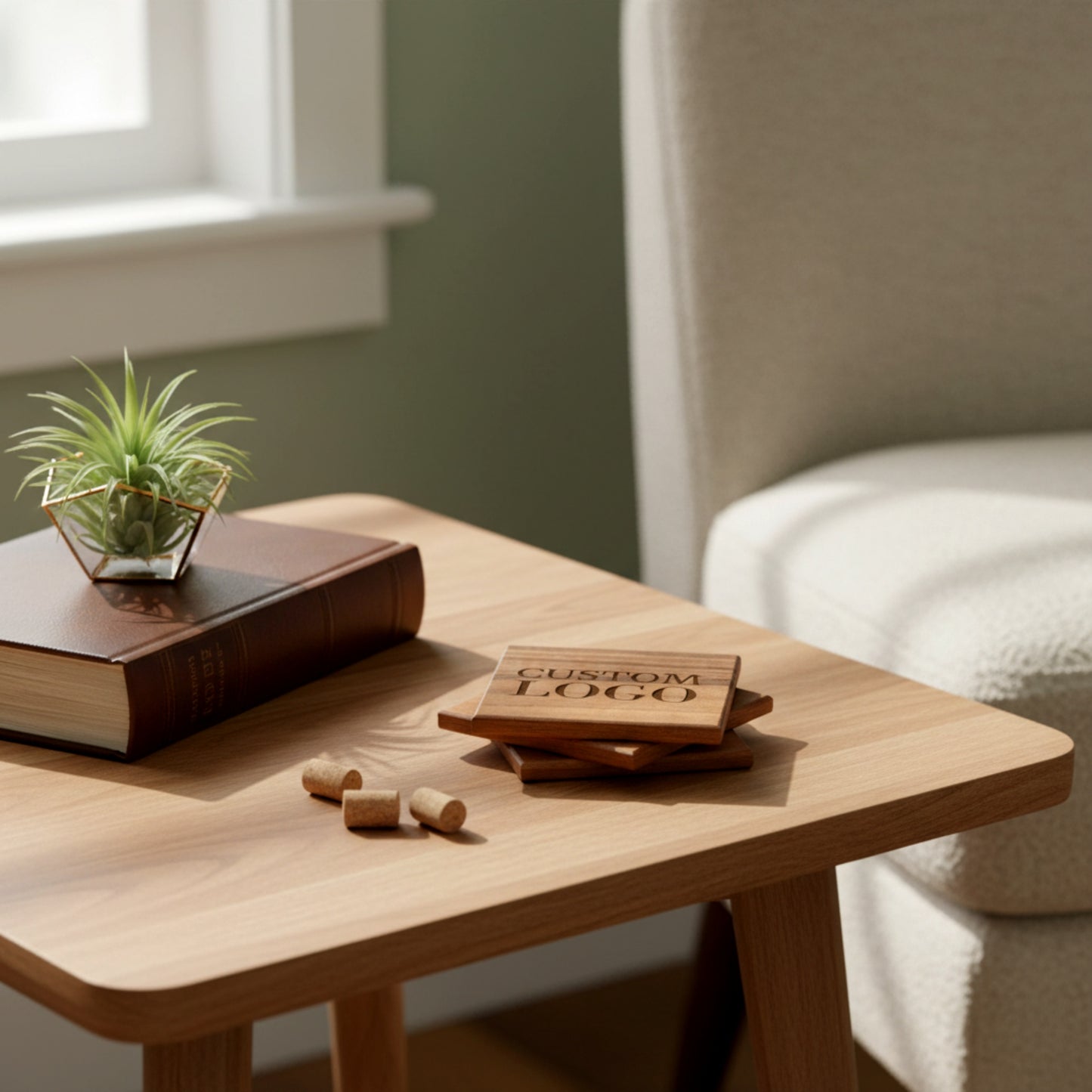 Personalized solid walnut and beech wood coasters set.